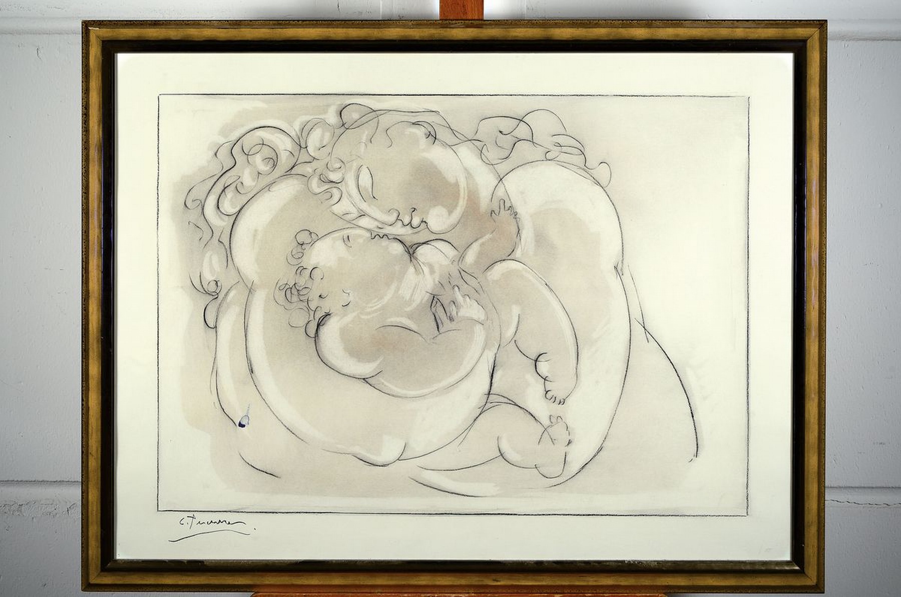 Detail k: Christian Peschke, geb. 1946 Säckingen, lebt und arbeitet in Italien und Süddeutschland, hier: Mutter mit Kind, Kohlezeichnung teils weiß gehöht, ...