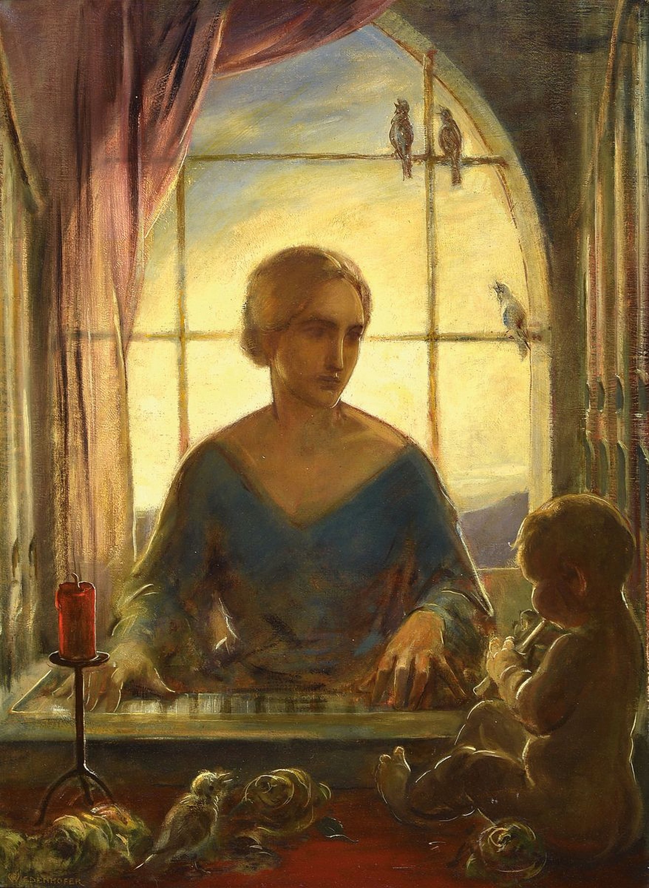 Oskar Wiedenhofer, geb. 1889 Bozen, war ansässig in Seis am Schlern, hier: die Hl. Cäcilie vor einem Kirchenfenster, im Vordergrund Rosen und ein ...