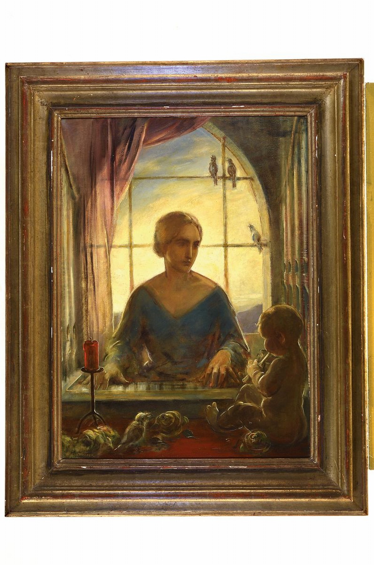 Detail k: Oskar Wiedenhofer, geb. 1889 Bozen, war ansässig in Seis am Schlern, hier: die Hl. Cäcilie vor einem Kirchenfenster, im Vordergrund Rosen und ein ...