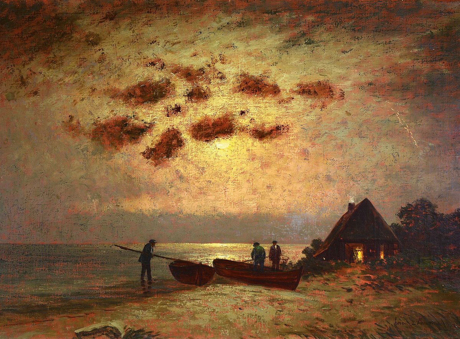 Ernst Lorenz-Murowana, 1872 Murowana-1950 Berlin, Vollmond über Fischern und Hütte am Strand, Öl/Lwd, rechts unten signiert, ca. 70x100cm, R. ca. ...