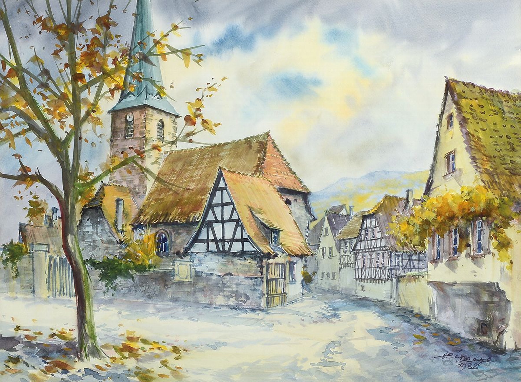 Heiner Deege, 1920-2007 Haßloch, 2 Aquarelle, 1x Metzgergasse Neustadt, signiert, ca. 39x29cm, PP, u.Gl., R. ca. 54x44cm; 1x Siebeldingen, signiert ...