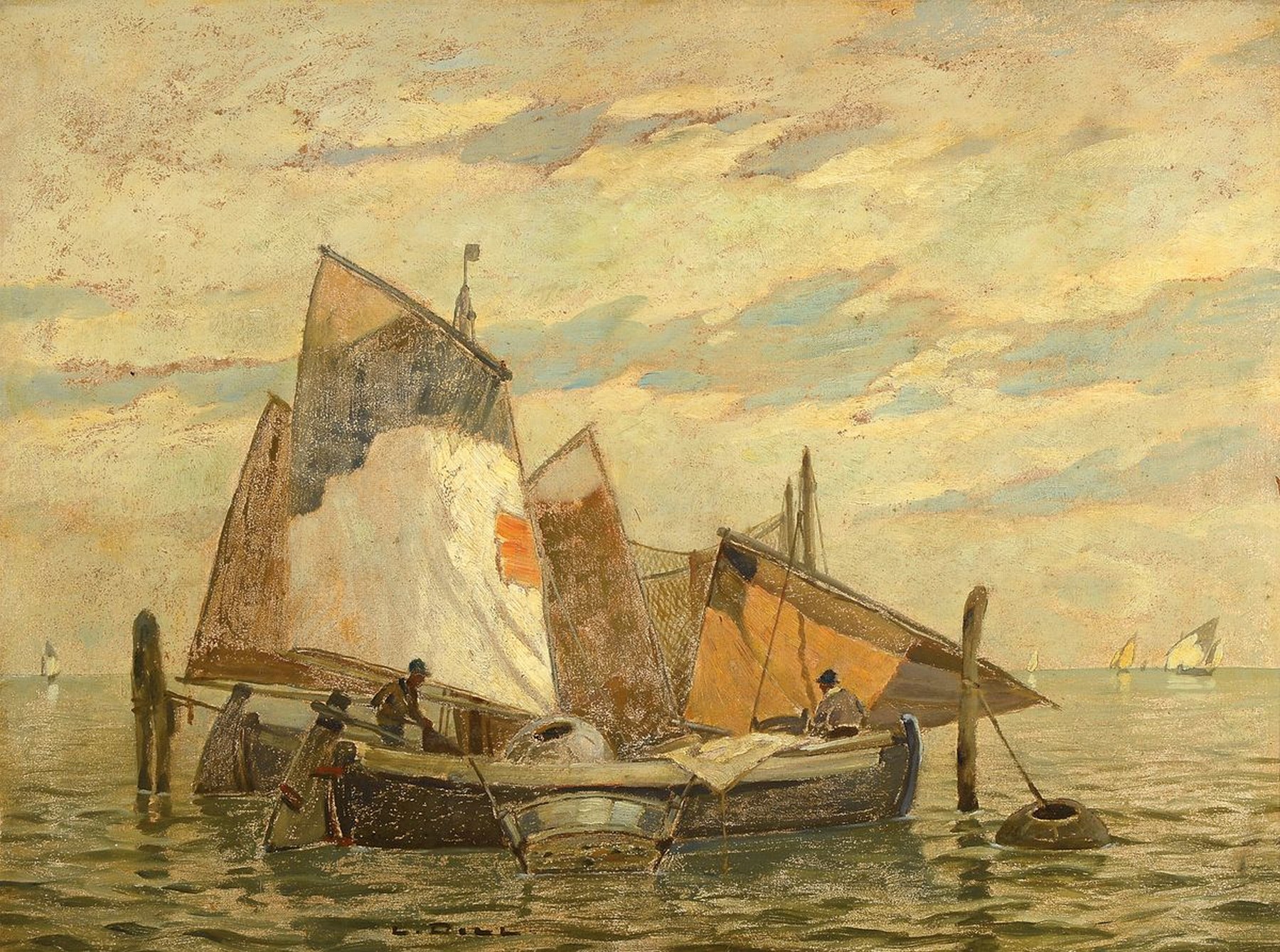 Ludwig Dill, 1848 Gernsbach - 1940 Karlsruhe, Fischerboote bei Chioggia, Öl/Malkarton, signiert, ca. 56x76cm, R. ca. 69x89cm