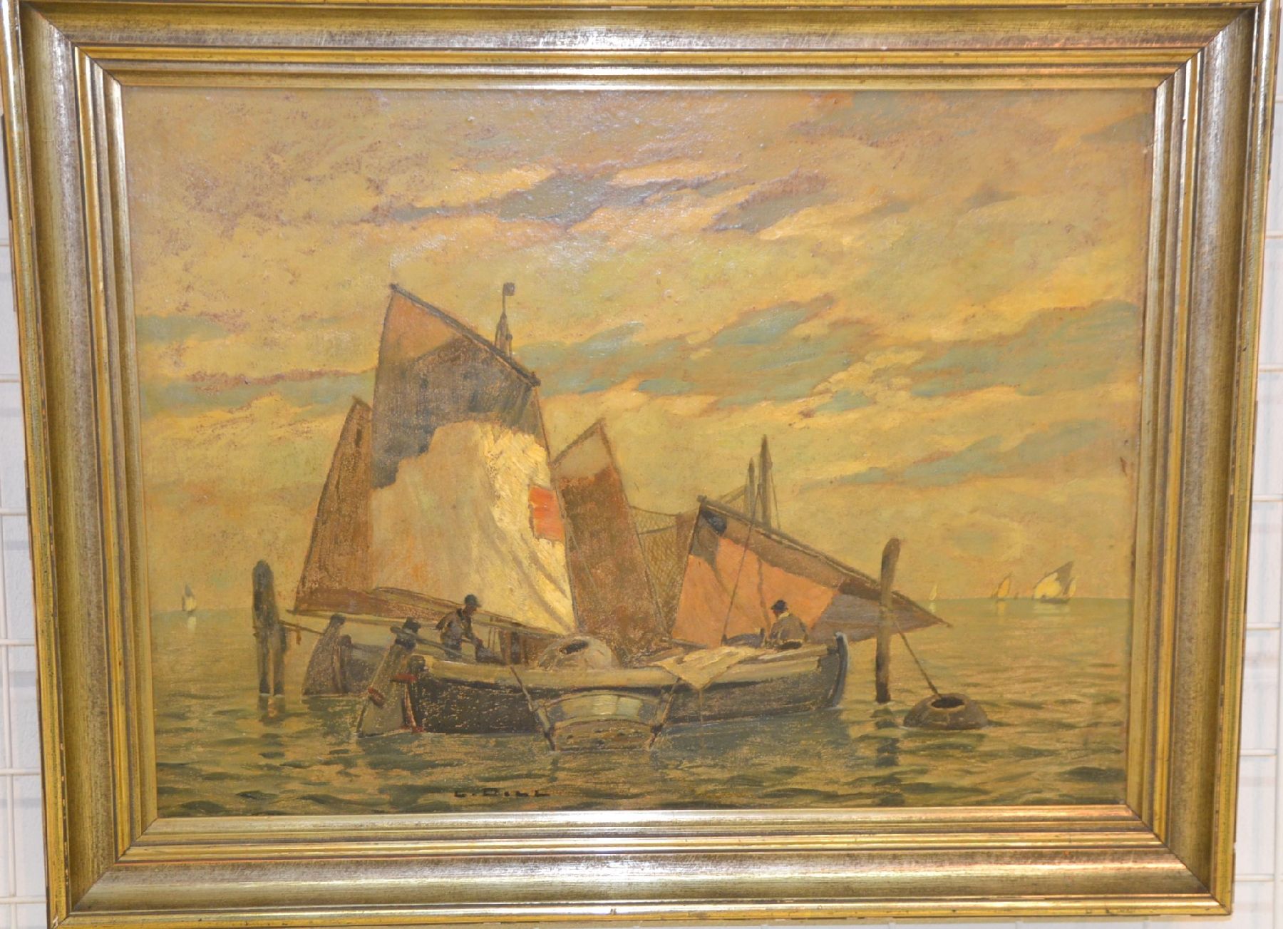 Detail b: Ludwig Dill, 1848 Gernsbach - 1940 Karlsruhe, Fischerboote bei Chioggia, Öl/Malkarton, signiert, ca. 56x76cm, R. ca. 69x89cm