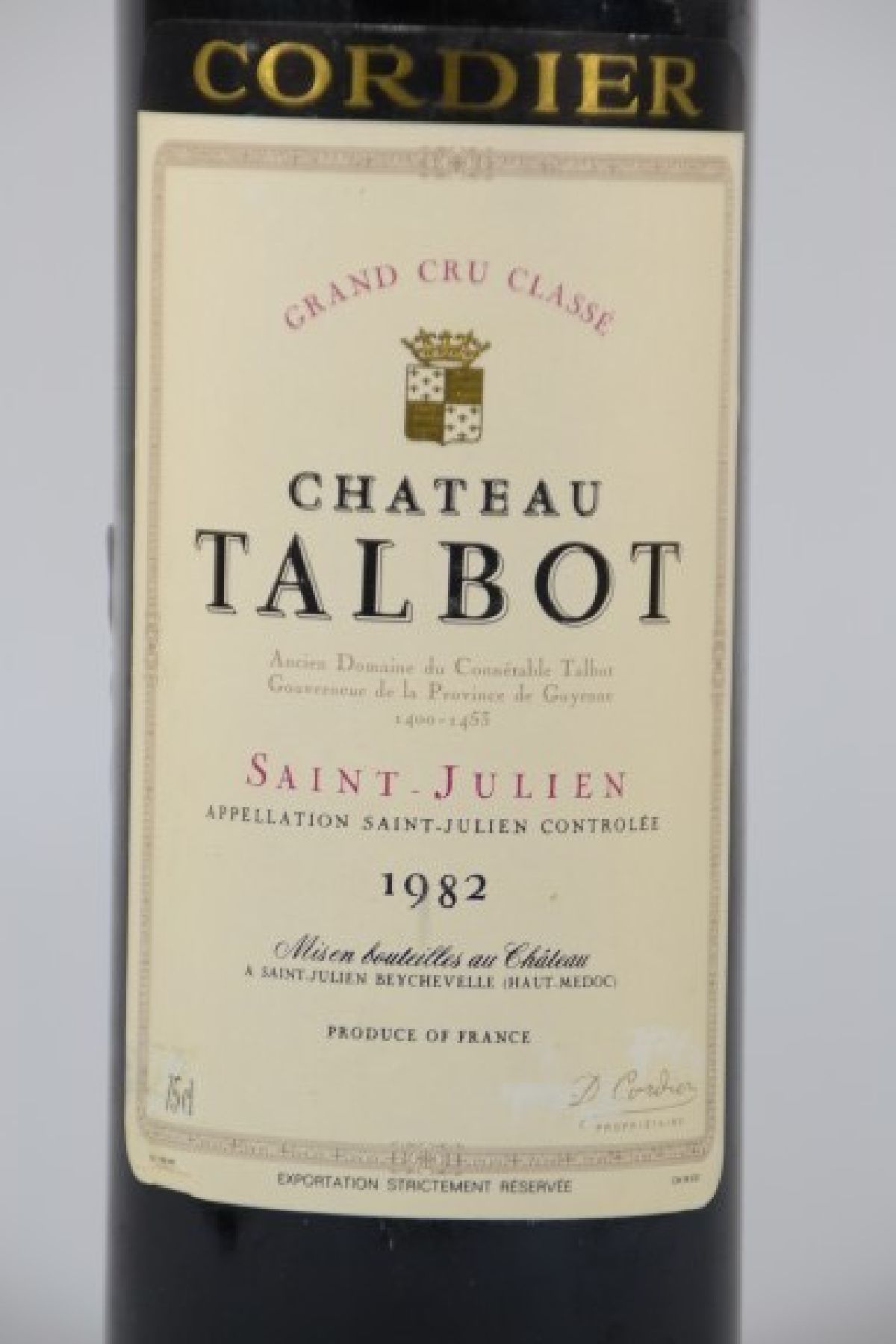 Detail a: 1 Flasche Chateau Talbot 1982, Saint Julien, Grand Cru Classe, 75cl, Füllstand top shoulder, unverkostet, 95 Parker Punkte