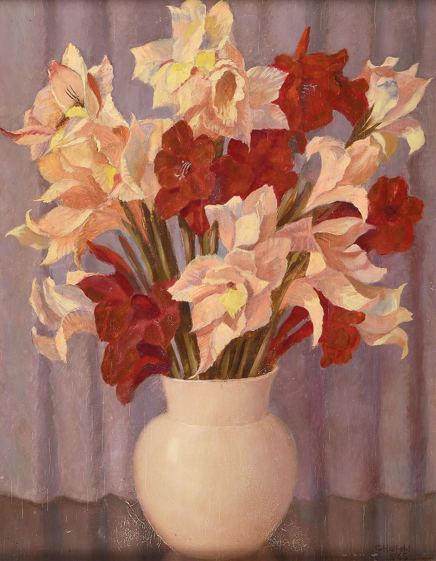 Carlos Halfeld, 1883 Hamburg-1978 Hannover, Blumenstillleben, Öl/Holz, rechts unten signiert, krakeliert, ca. 57x44cm, R. ca. 67x 54cm