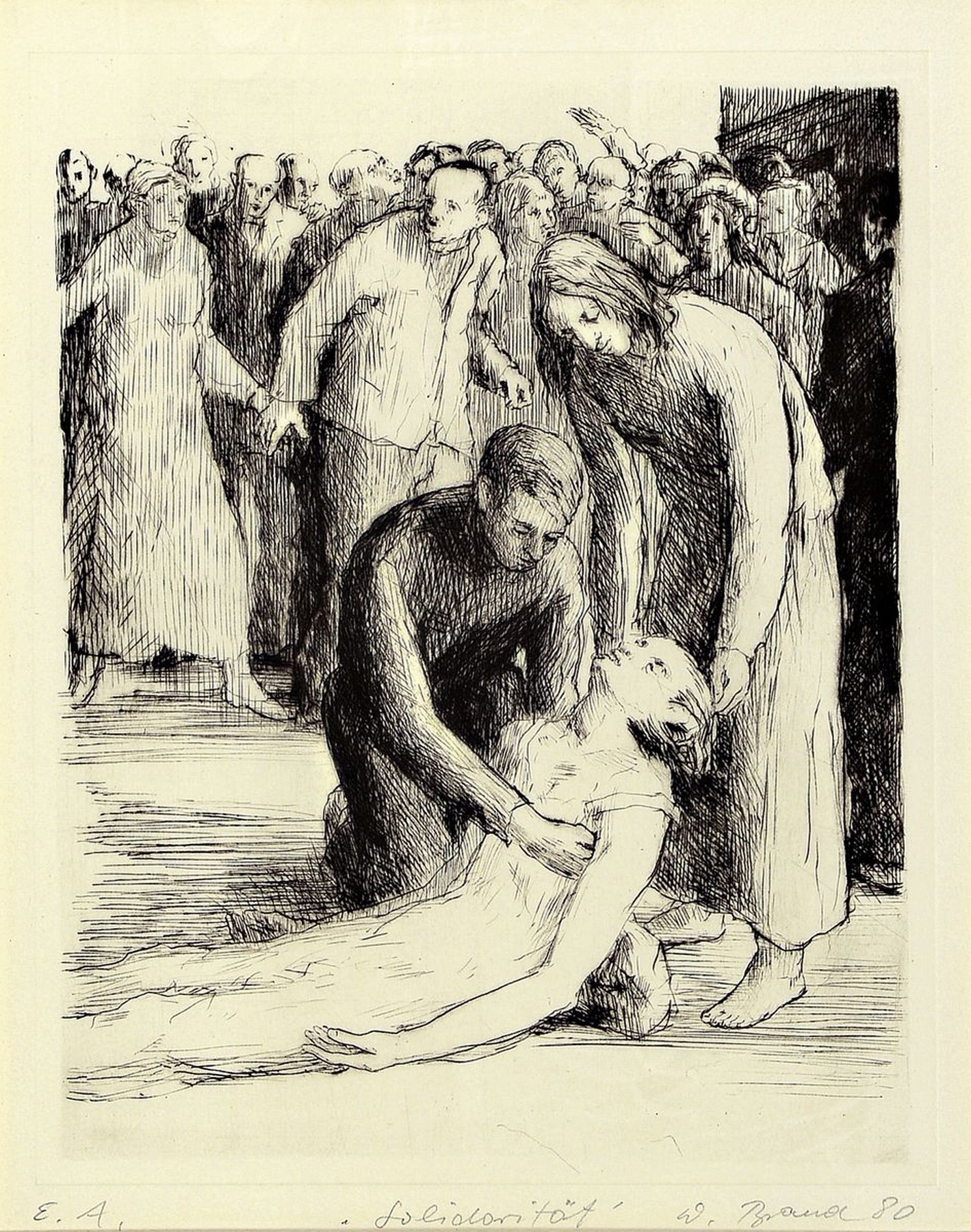 Detail f: Werner Brand, 1933-2021, 2 Radierungen: 1x Solidarität, bez. e.a., signiert, betitelt und dat. 80, ca. 26x20cm, PP, u.Gl., R. ca. 50x41cm, 1x ...