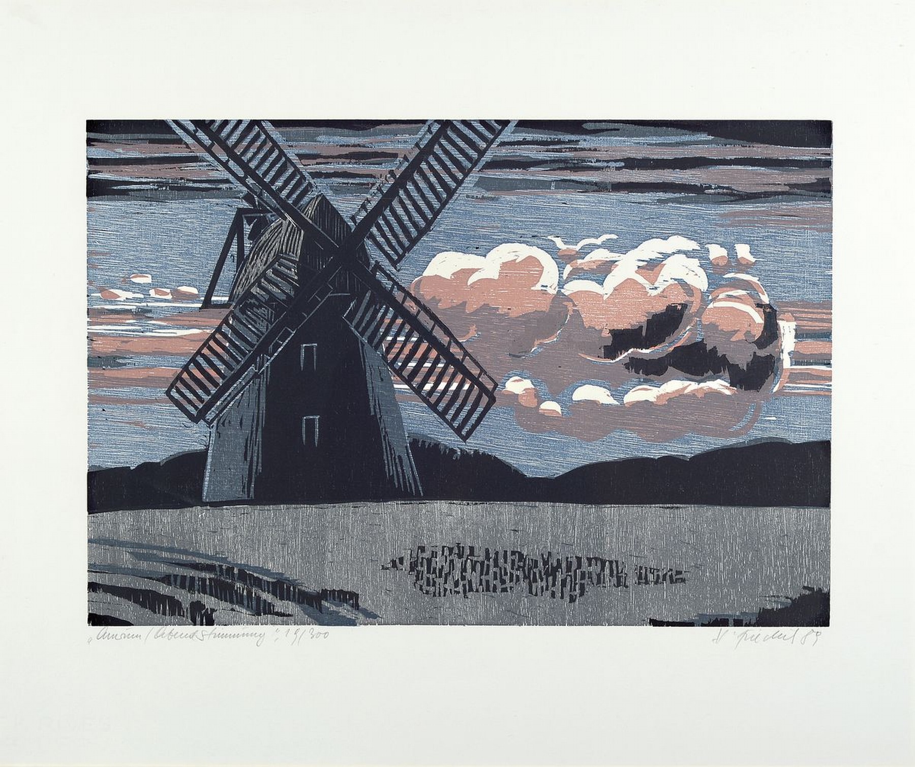 Heinz Friedrich, 1924 Schwetzingen-2018, 2 Farbholzschnitte, 1x Amrum/Abendstimmung, signiert, dat. 89, betitelt, ca. 32x47cm, u.Gl., R. ca. 50x60cm, ...