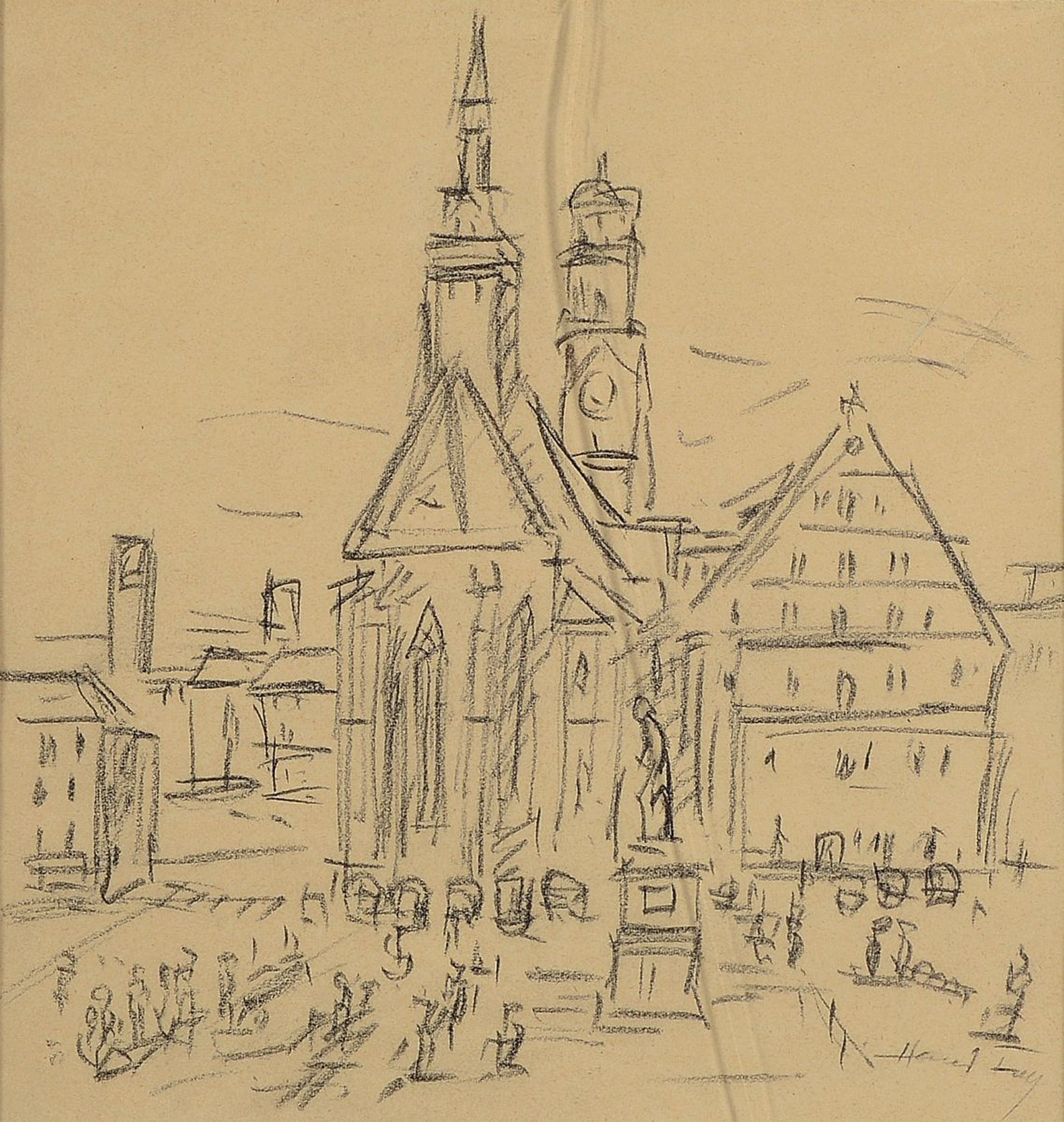 Hanns Fay, 1888 Frankenthal-1957 Neustadt, 3 Zeichnungen: 1x Bacchant über Kirche, Tuschfeder auf Papier, signiert, ca. 13x14cm, PP, u.Gl., R. ca. ...