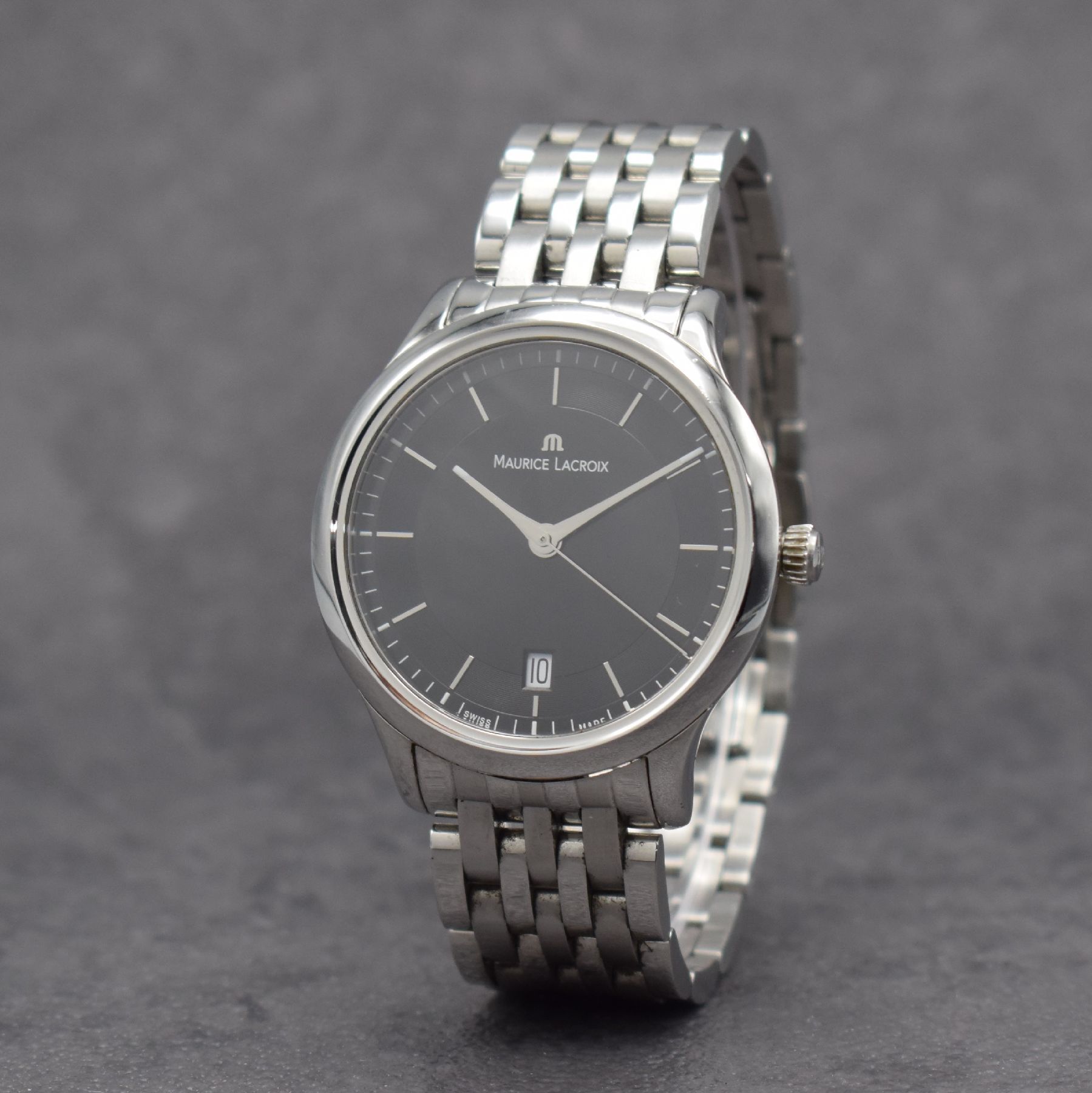 MAURICE LACROIX Herrenarmbanduhr Les Classiques Referenz LC1237, Schweiz um 2019, quarz, Edelstahlgeh. inkl. Gliederband m. dopp. Faltschl., Boden ...