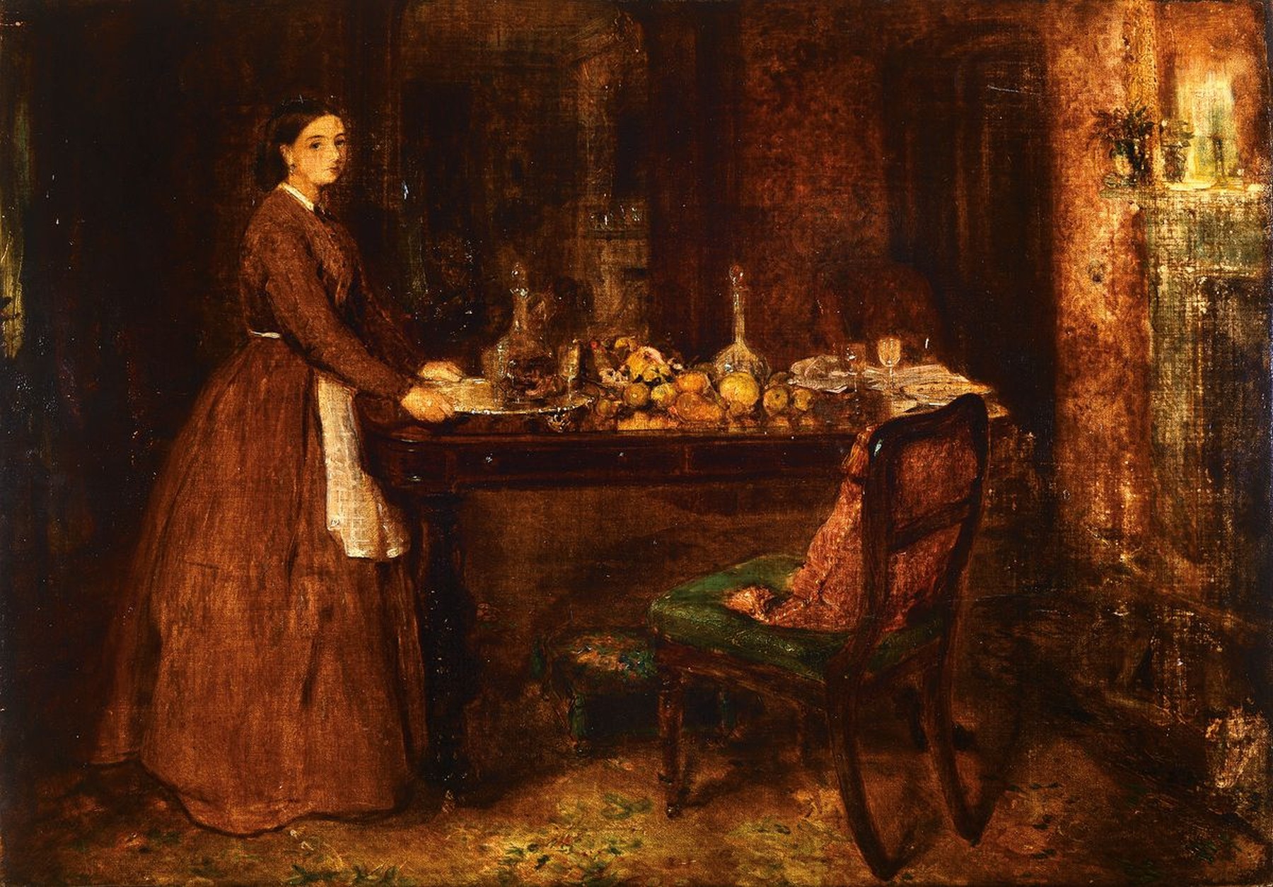 Englischer Künstler, Mitte 19. Jh., junge Frau an gedeckter Tafel, stiltyp. Interieur, Öl/Lwd/gewölbte Holztafel, im Stil von William Powel Frith, ...