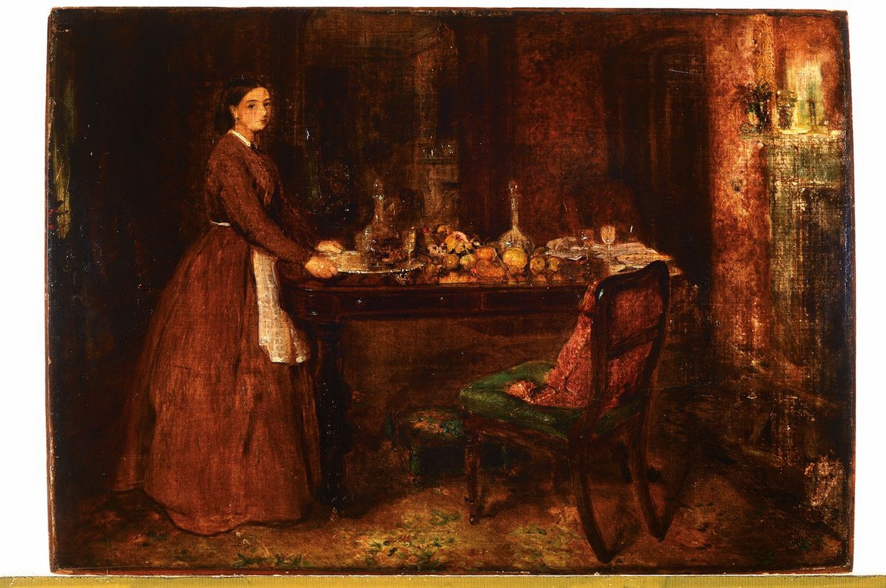 Detail k: Englischer Künstler, Mitte 19. Jh., junge Frau an gedeckter Tafel, stiltyp. Interieur, Öl/Lwd/gewölbte Holztafel, im Stil von William Powel Frith, ...