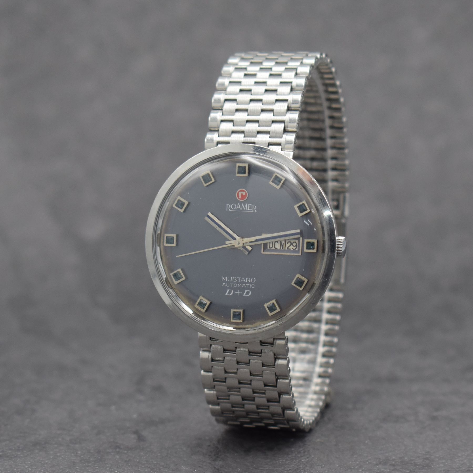 ROAMER Mustang Herrenarmbanduhr D + D, Schweiz um 1970, Automatik, Ref. 478-9120.302, Edelstahl Monocoque-Geh. inkl. orig. NSA Edelstahlband, ...