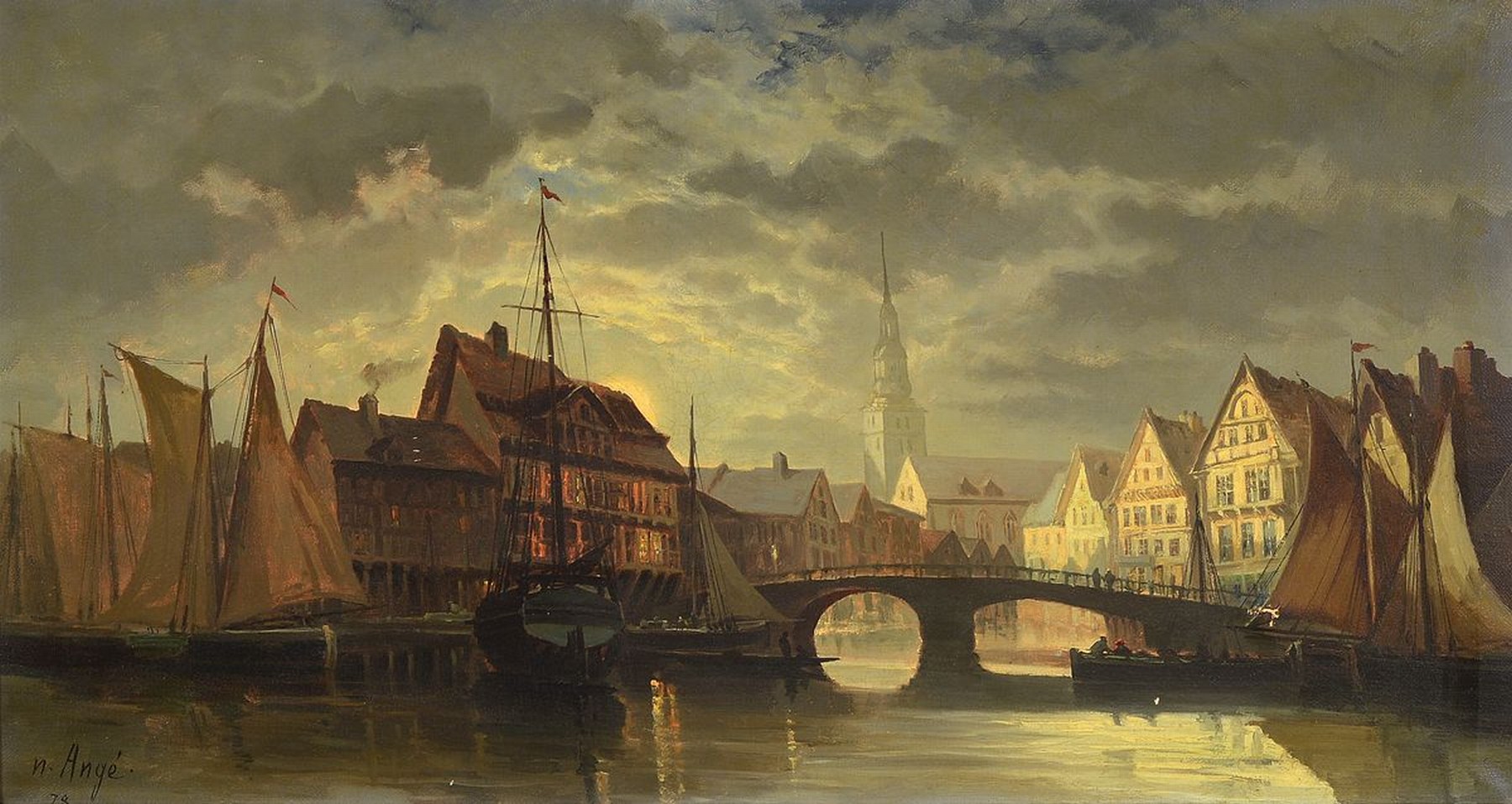 Ungedeuteter, wohl Düsseldorfer Künstler, um 1878, bezeichnet n. Angé, niederländische Mondlandschaft, Hafenansicht, Öl/Lwd., leicht ...