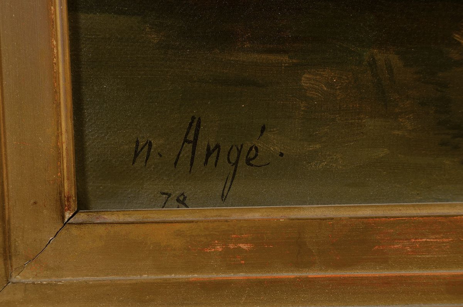 Detail a: Ungedeuteter, wohl Düsseldorfer Künstler, um 1878, bezeichnet n. Angé, niederländische Mondlandschaft, Hafenansicht, Öl/Lwd., leicht ...