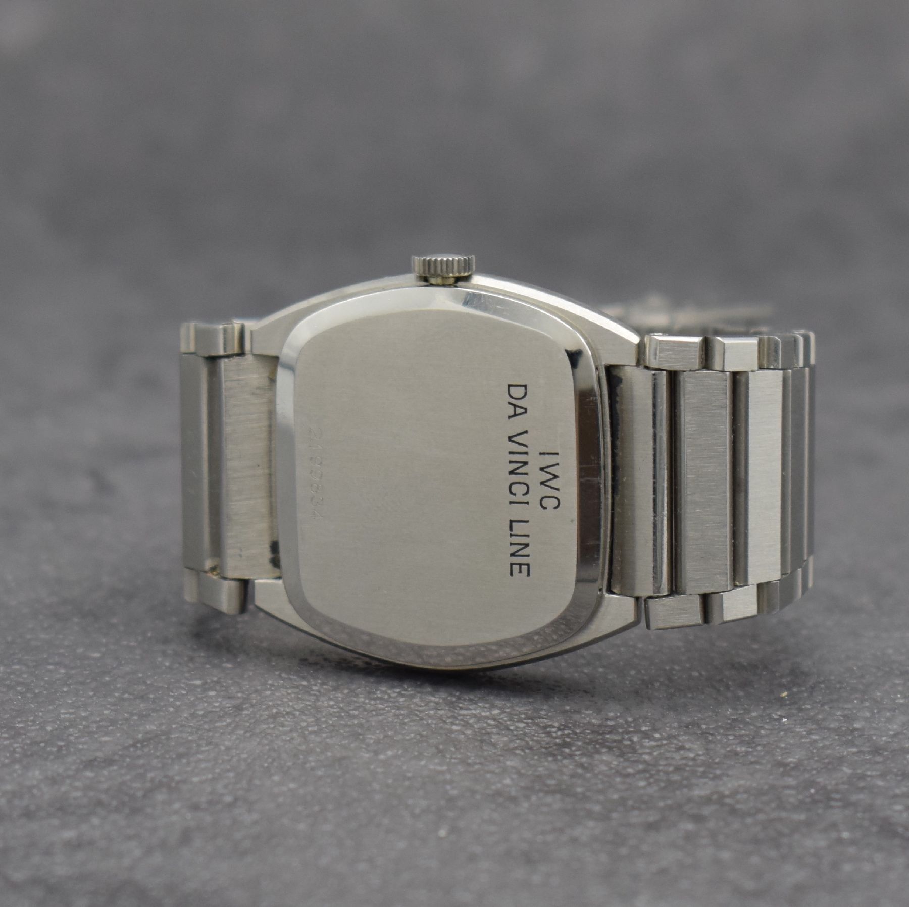 Detail d: IWC seltene Armbanduhr Da Vinci Line SL in Stahl, Handaufzug, Schweiz um 1973, 2-teil. Geh. inkl. orig. Gliederband, Boden aufgedr., schwarzes ...