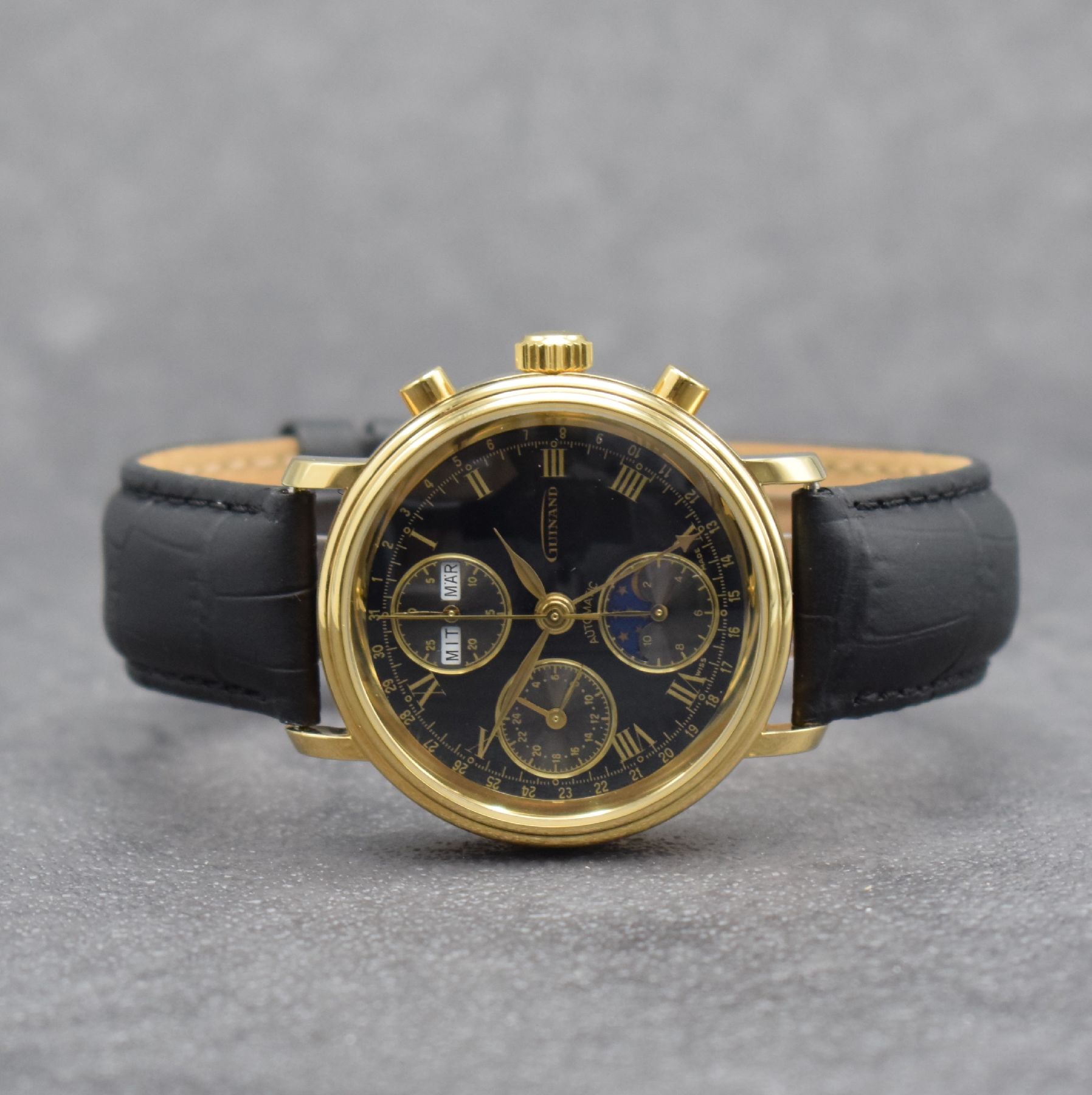 GUINAND nahezu neuwertige Herrenarmbanduhr mit Chronograph & Kalender, Schweiz um 2000, Automatik, verg. Geh. beids. vergl., Stahlboden geschr., ...