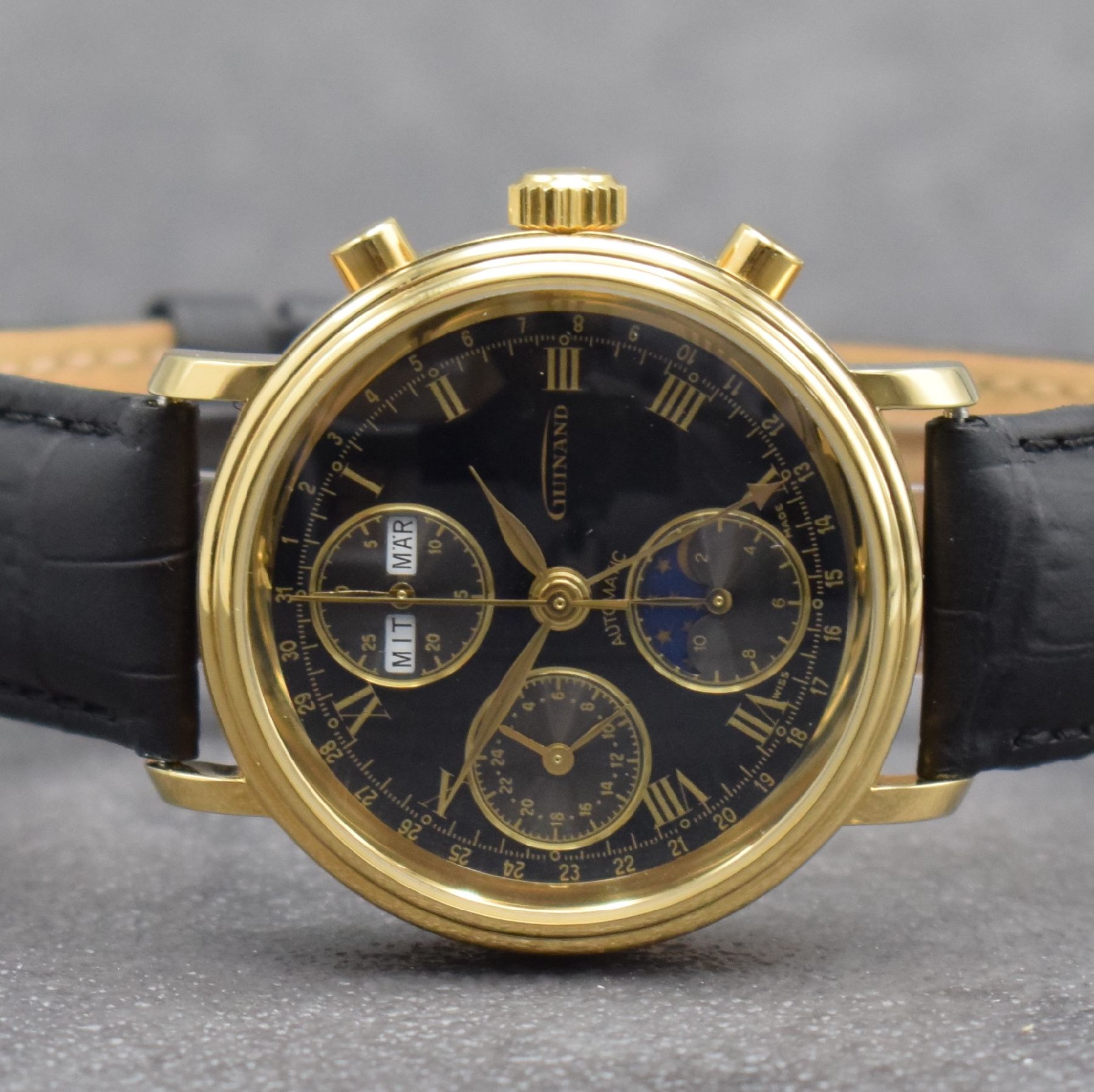 Detail a: GUINAND nahezu neuwertige Herrenarmbanduhr mit Chronograph & Kalender, Schweiz um 2000, Automatik, verg. Geh. beids. vergl., Stahlboden geschr., ...