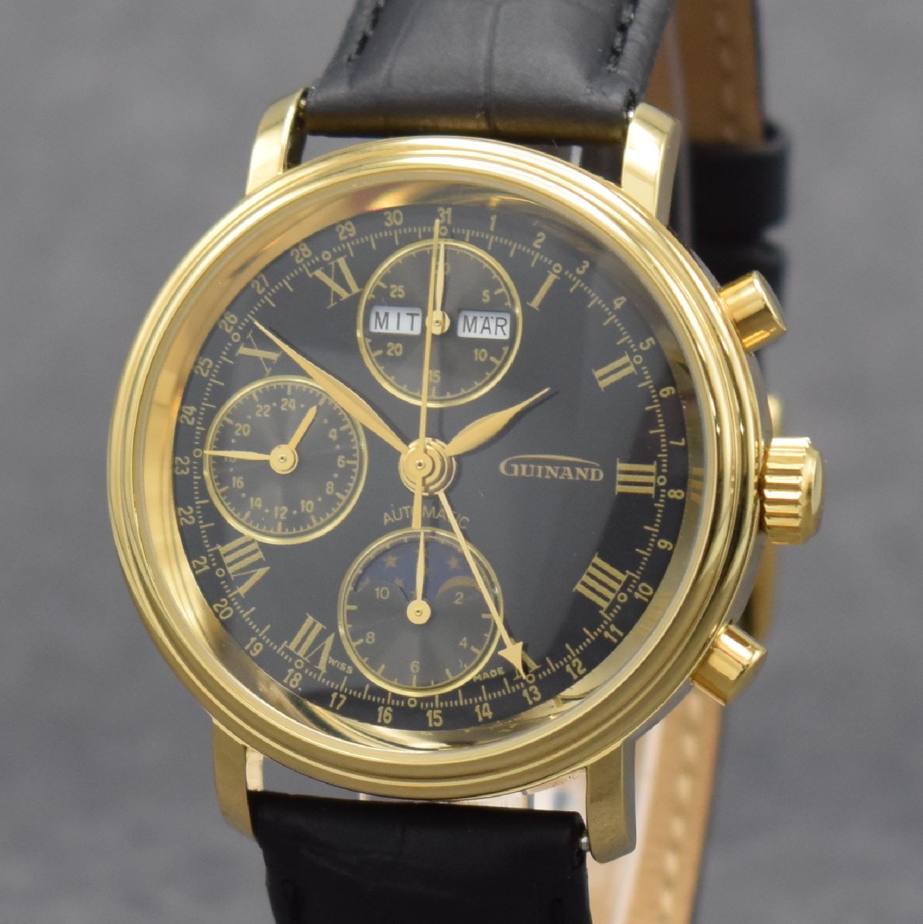 Detail c: GUINAND nahezu neuwertige Herrenarmbanduhr mit Chronograph & Kalender, Schweiz um 2000, Automatik, verg. Geh. beids. vergl., Stahlboden geschr., ...