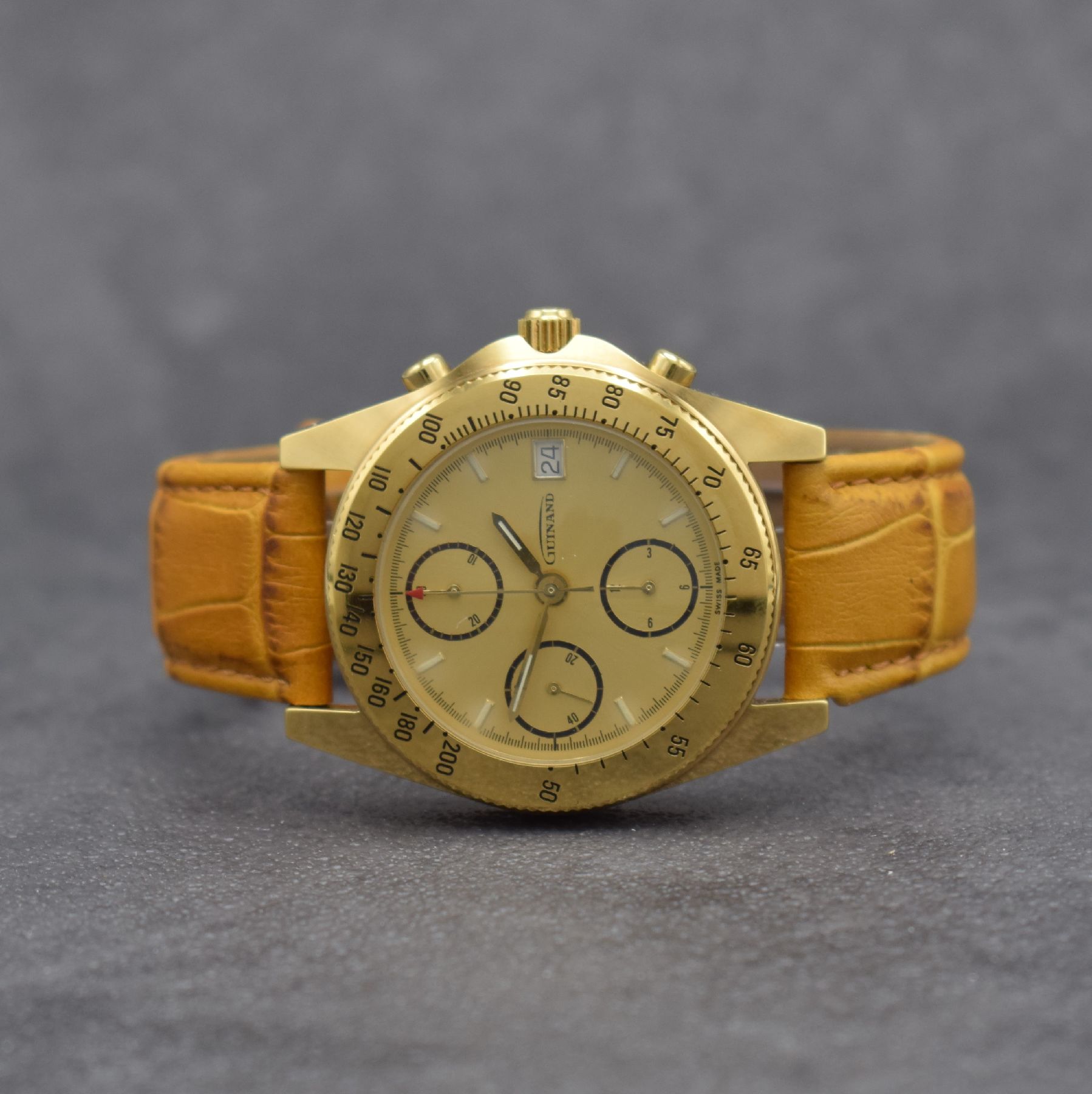 GUINAND Herrenarmbanduhr mit Chronograph, Schweiz um 2000, Automatik, verg. Geh., Stahlboden aufgedr., Krone geschr., eins. drehb. Lünette m. ...