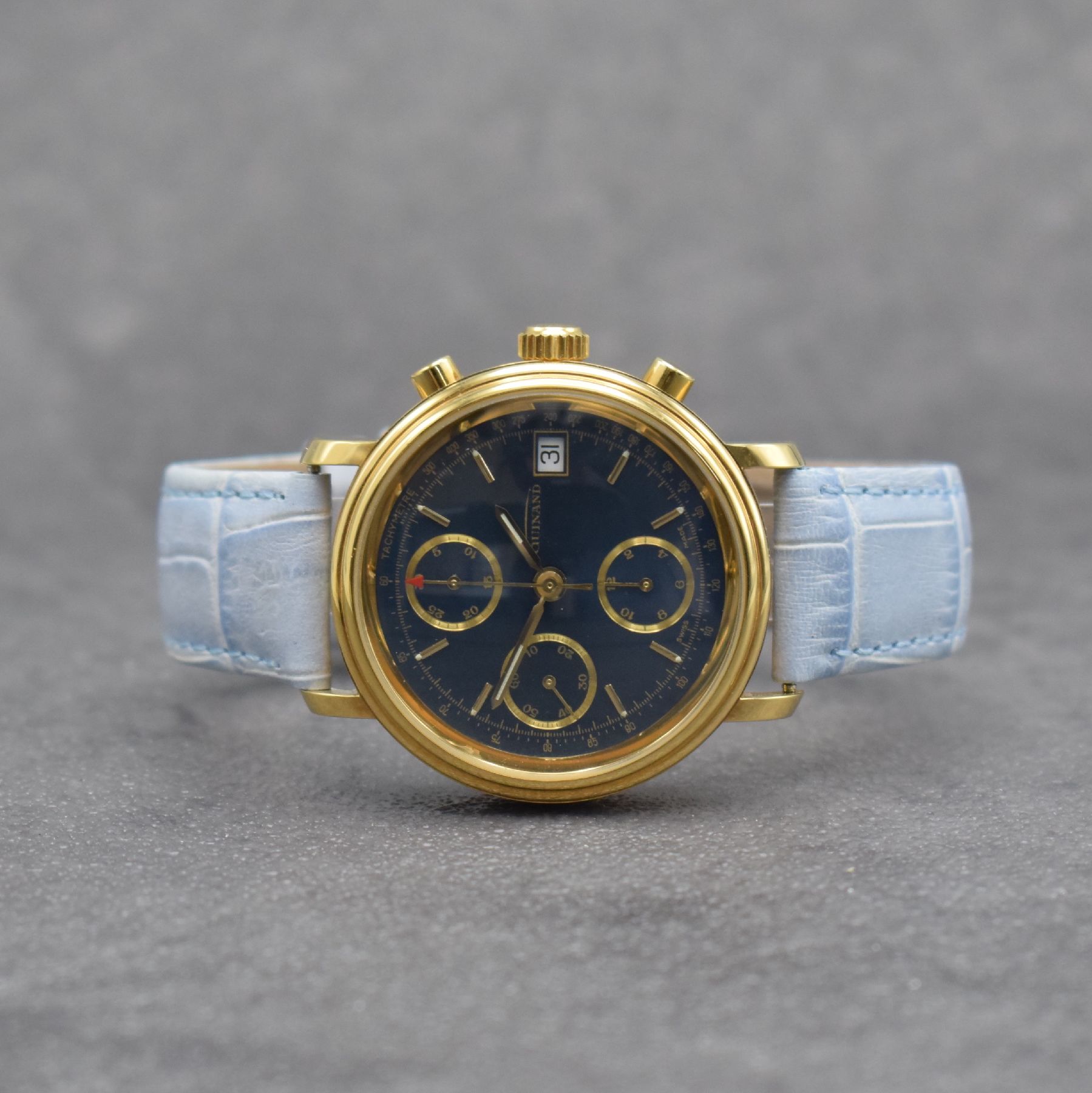 GUINAND nahezu neuwertige Herrenarmbanduhr mit Chronograph, Schweiz um 2000, Automatik, verg. Gehäuse beids. vergl., Stahlboden geschr., blaues ...