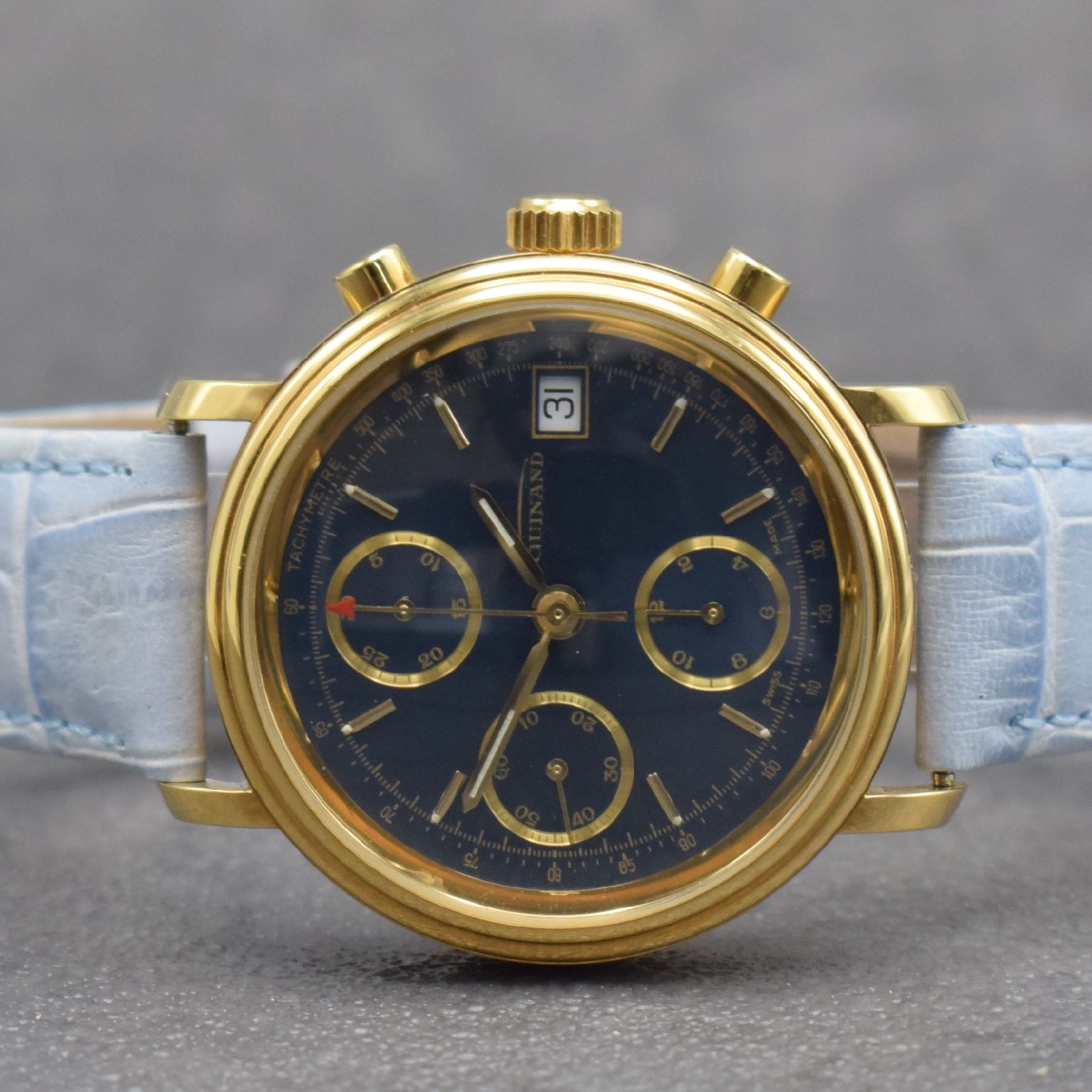 Detail a: GUINAND nahezu neuwertige Herrenarmbanduhr mit Chronograph, Schweiz um 2000, Automatik, verg. Gehäuse beids. vergl., Stahlboden geschr., blaues ...