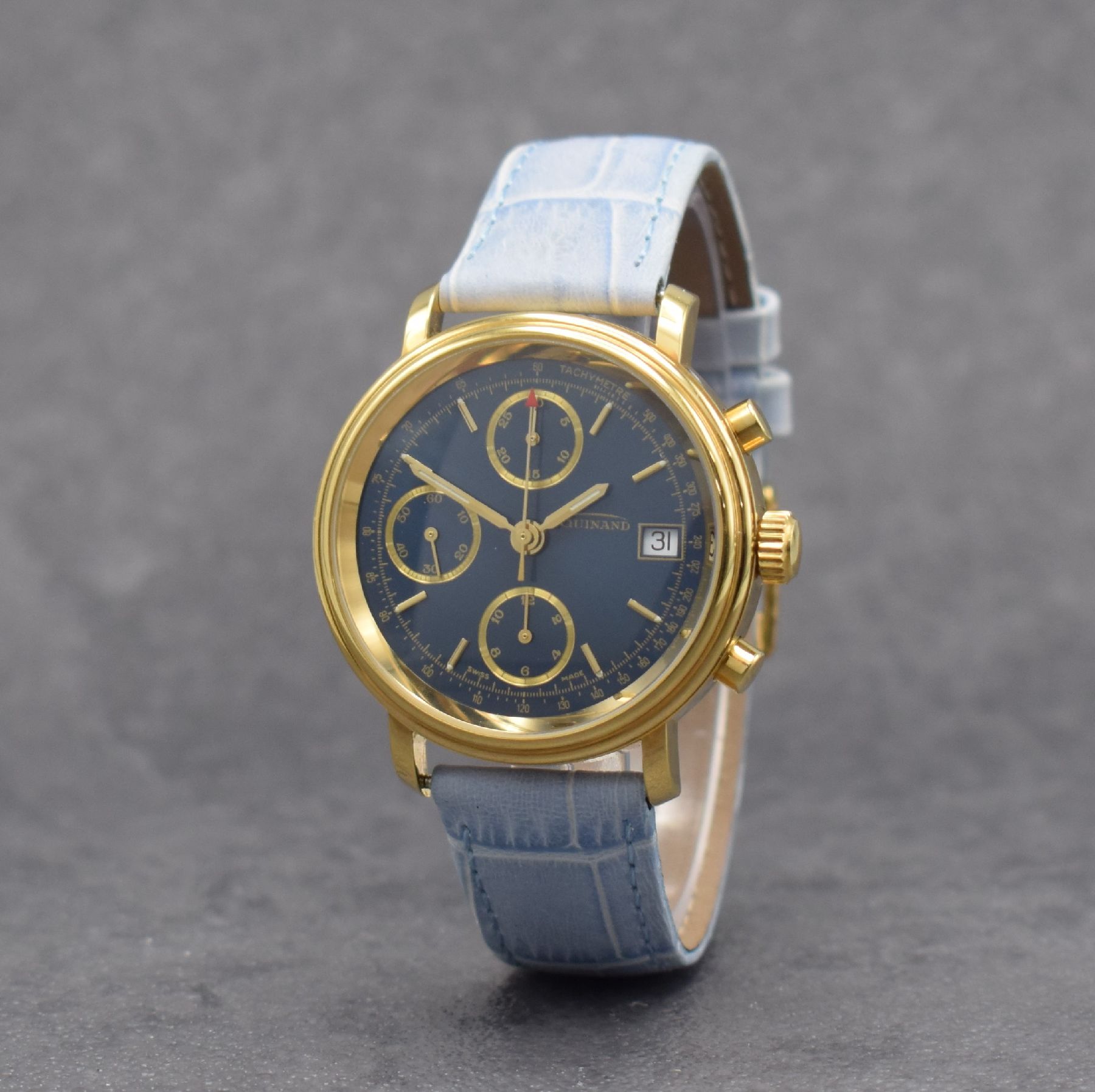 Detail b: GUINAND nahezu neuwertige Herrenarmbanduhr mit Chronograph, Schweiz um 2000, Automatik, verg. Gehäuse beids. vergl., Stahlboden geschr., blaues ...