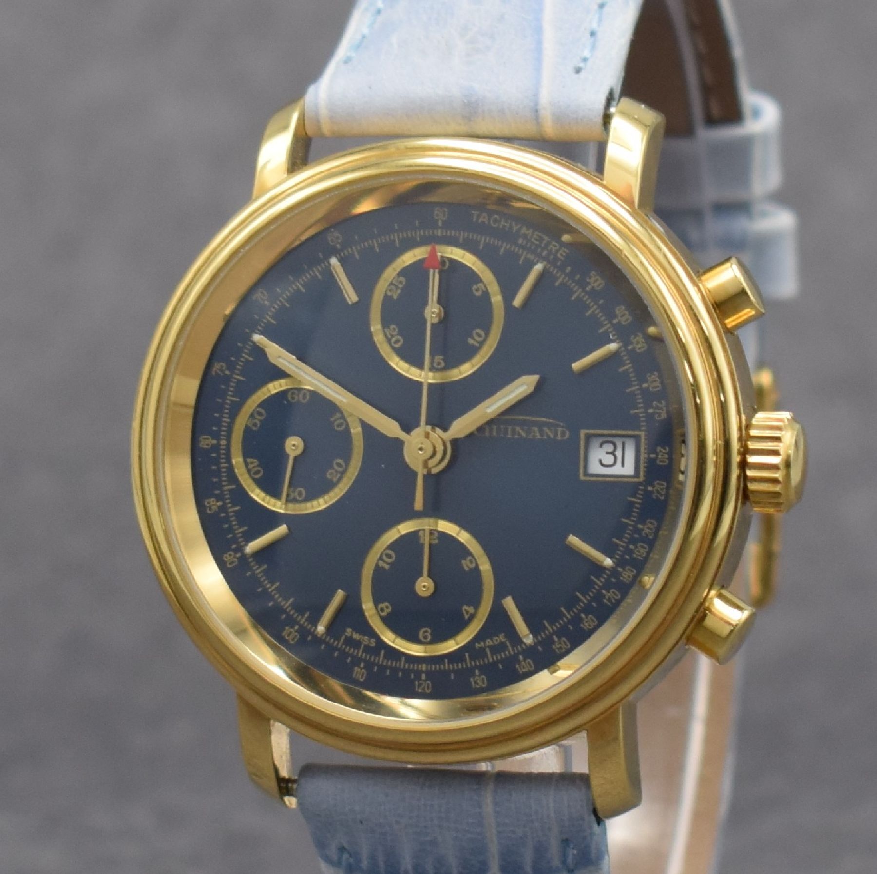 Detail c: GUINAND nahezu neuwertige Herrenarmbanduhr mit Chronograph, Schweiz um 2000, Automatik, verg. Gehäuse beids. vergl., Stahlboden geschr., blaues ...