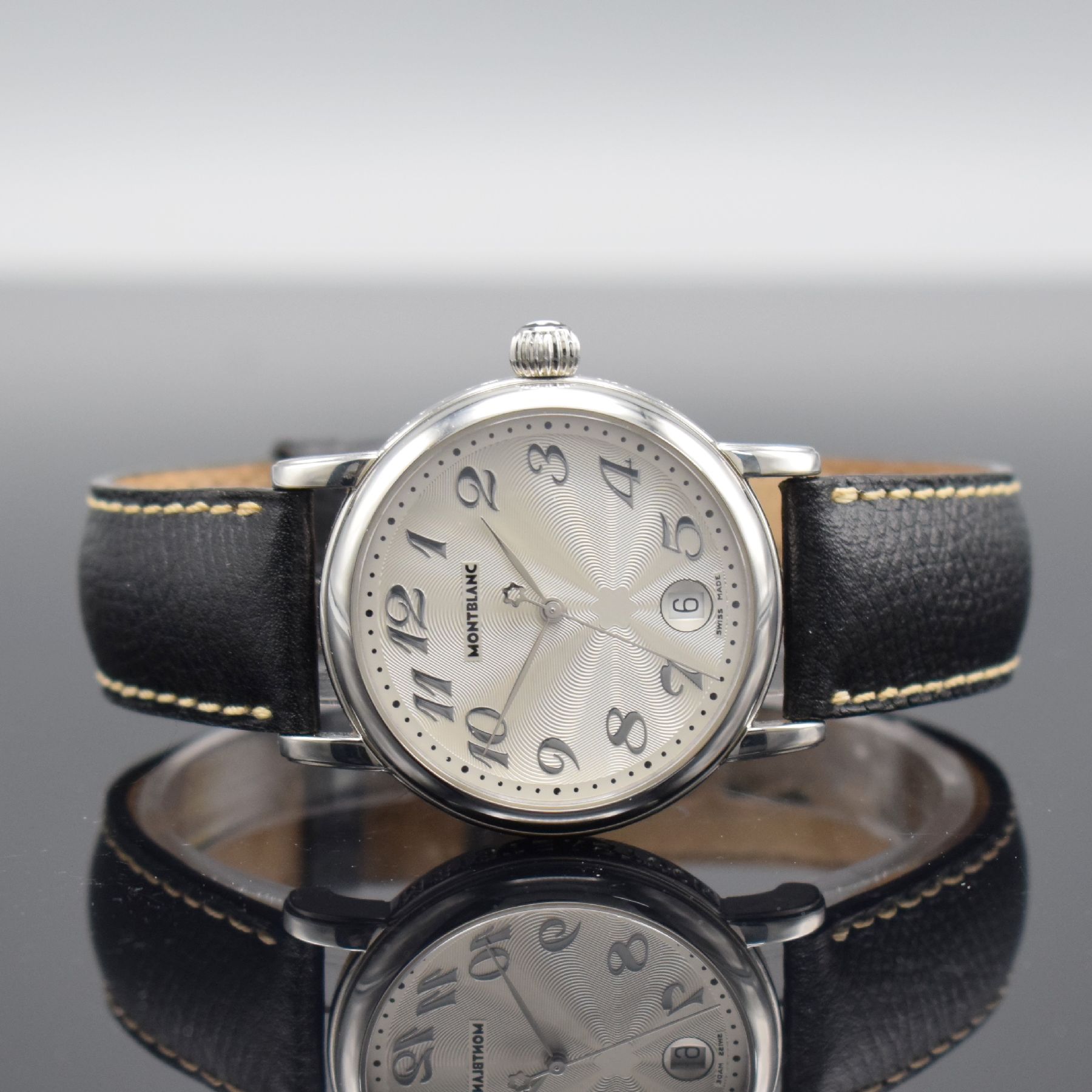 MONTBLANC Armbanduhr Meisterstück Referenz 7042, Edelstahlgeh. inkl. orig. Lederband m. orig. Dornschl., Boden aufgedr., quarz, Anz. v. Std., Min., ...