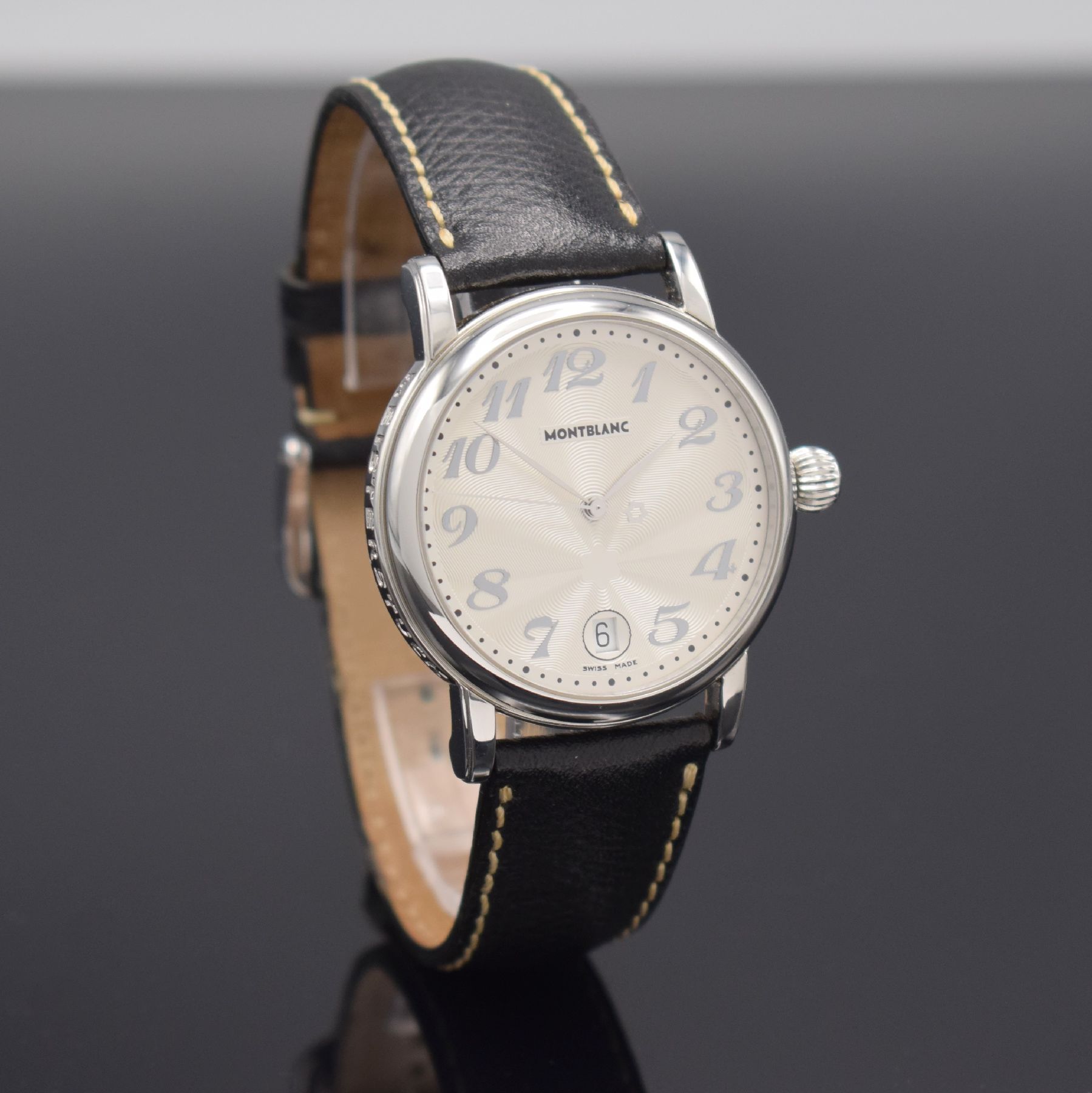 Detail d: MONTBLANC Armbanduhr Meisterstück Referenz 7042, Edelstahlgeh. inkl. orig. Lederband m. orig. Dornschl., Boden aufgedr., quarz, Anz. v. Std., Min., ...