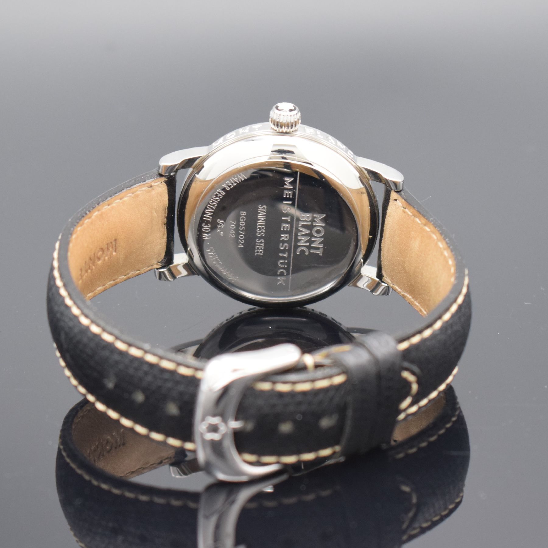 Detail f: MONTBLANC Armbanduhr Meisterstück Referenz 7042, Edelstahlgeh. inkl. orig. Lederband m. orig. Dornschl., Boden aufgedr., quarz, Anz. v. Std., Min., ...