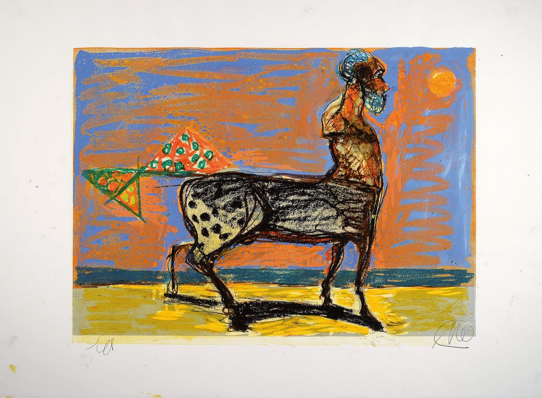 Markus Lüpertz, geb. 1941, Kentaur, Mischtechnik über Grafik, Ölkreide und Farbe auf Papier, monogrammiert, 70 x 94 cm, Blattgröße, mit ...