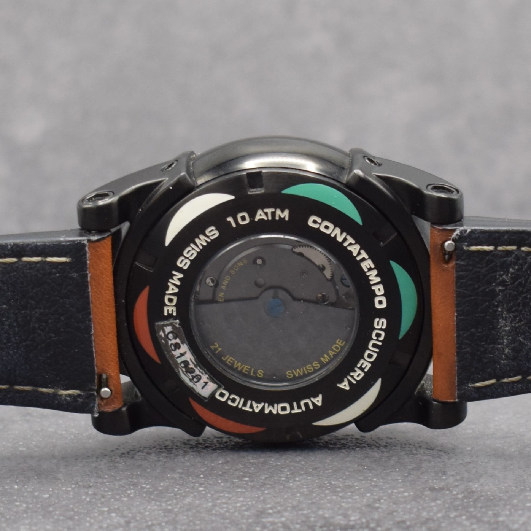 Detail f: SCUDERIA Italia Herrenarmbanduhr, Italien/ Schweiz um 2015, Automatik, beids. vergl., geschwärztes Geh., Boden & Krone verschr., Lederbd. m. orig. ...