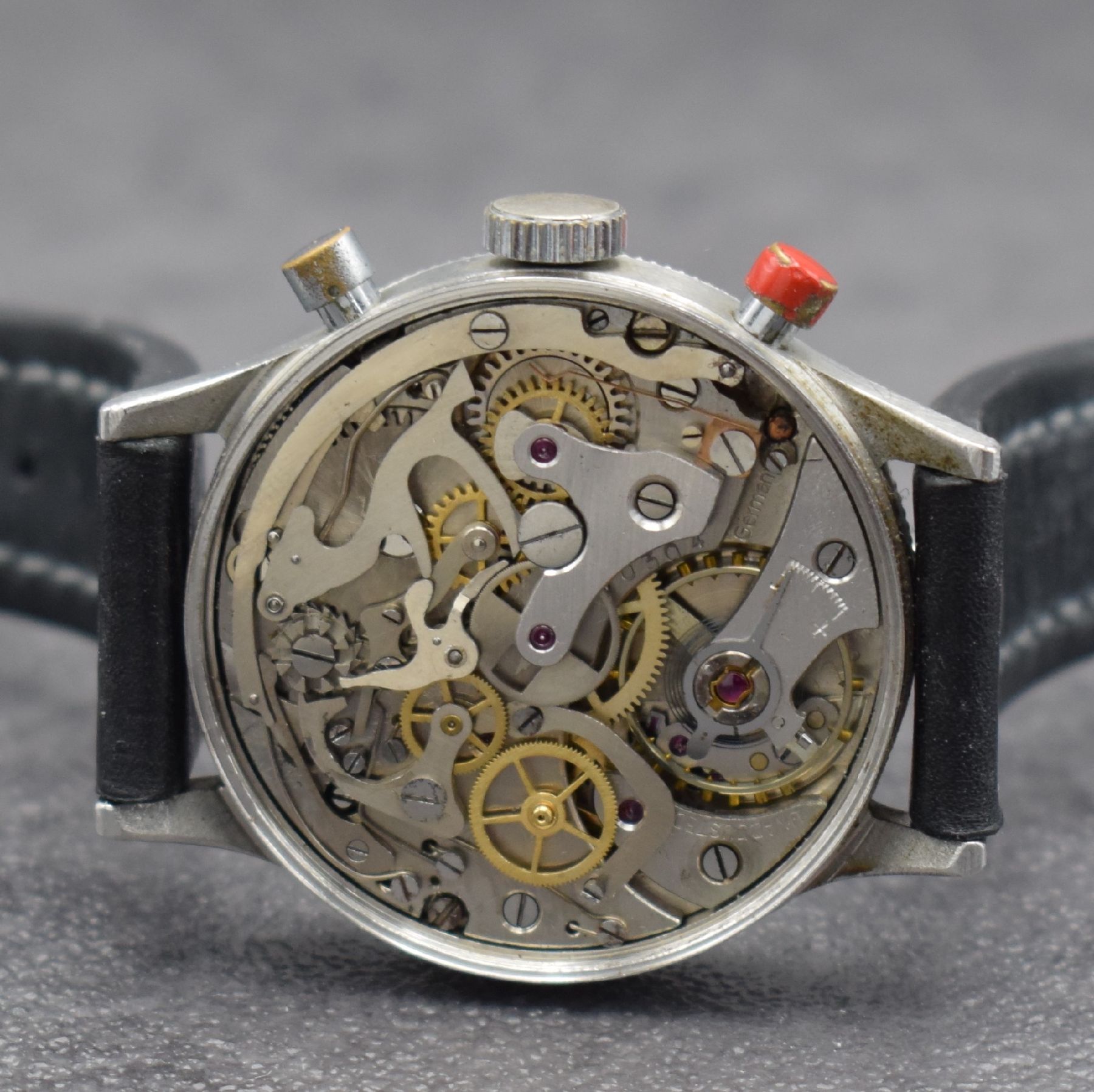Detail f: HANHART Flyback Fliegerchronograph der Bundeswehr Type 417, Deutschland um 1960, Handaufzug, Stahl-Geh. mit Vers.-Nr. 6645- 12-120-4858, geriffelte ...