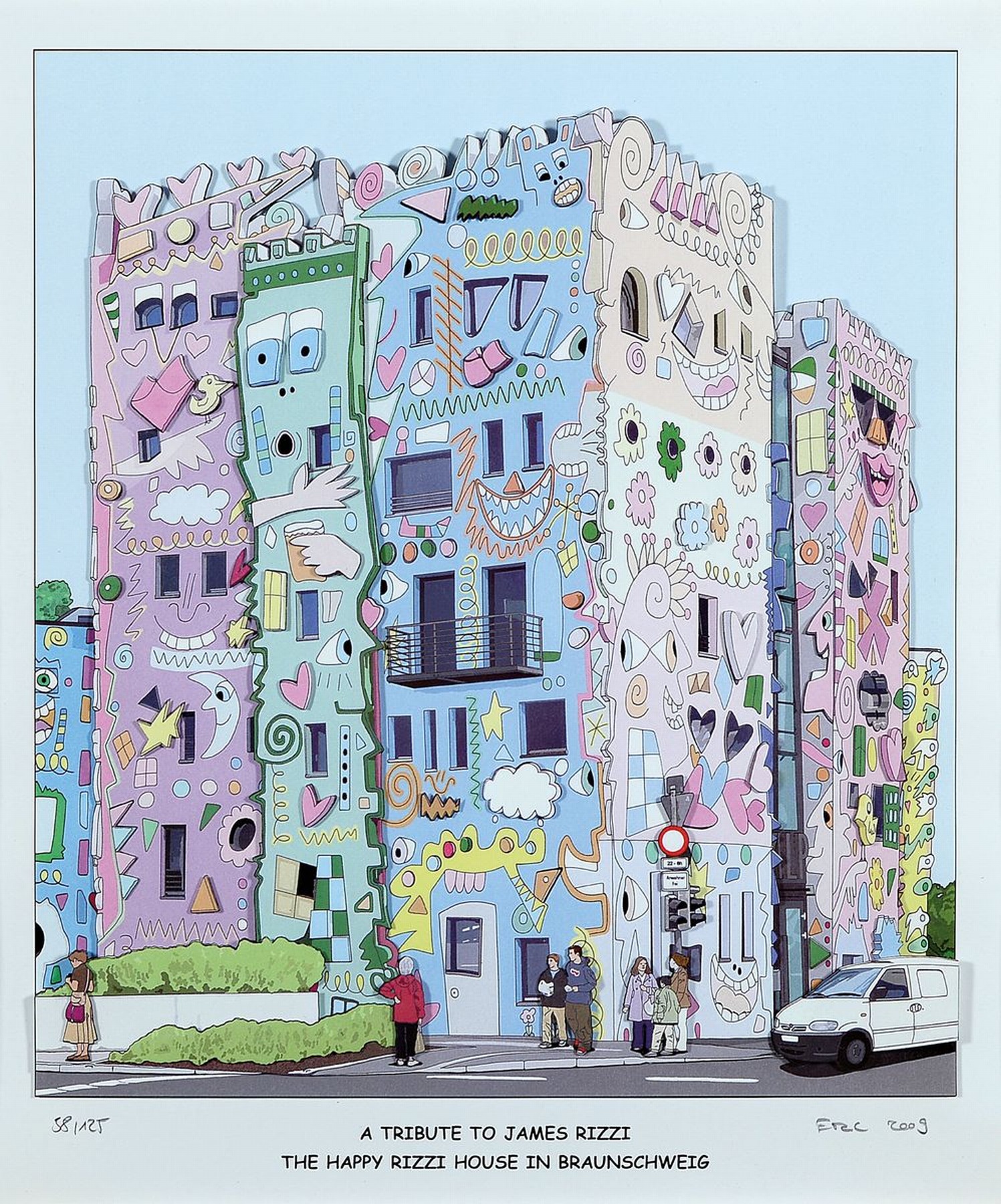 Rob Eric, 1954-2013, "A Tribute to James Rizzi- Happy Rizzi House", 3D-Konstruktion von 2009, handsign., num. 38/125, unter Glas gerahmt, ...