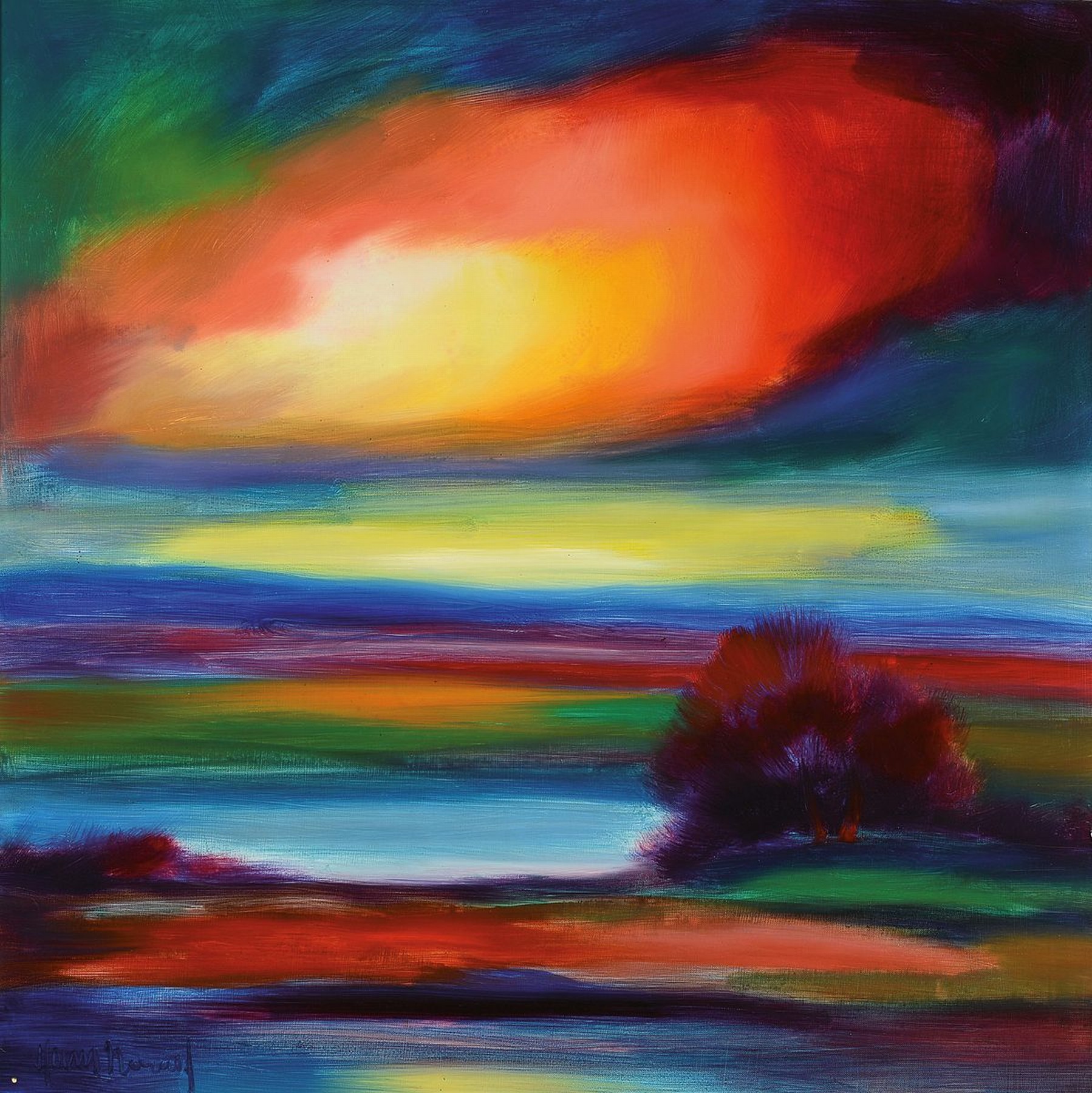 Unbekannter Künstler, Landschaft, Öl/Lwd, links unten unleserlich sign., R. gesamt ca. 90x85 cm