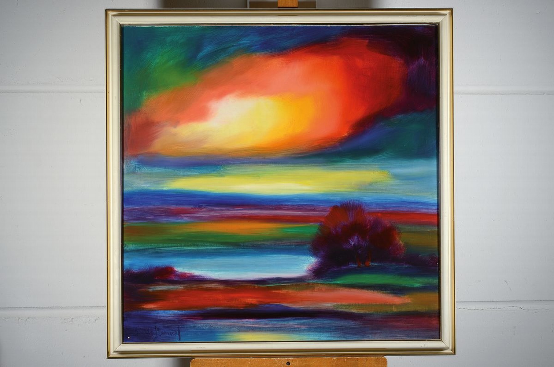 Detail k: Unbekannter Künstler, Landschaft, Öl/Lwd, links unten unleserlich sign., R. gesamt ca. 90x85 cm