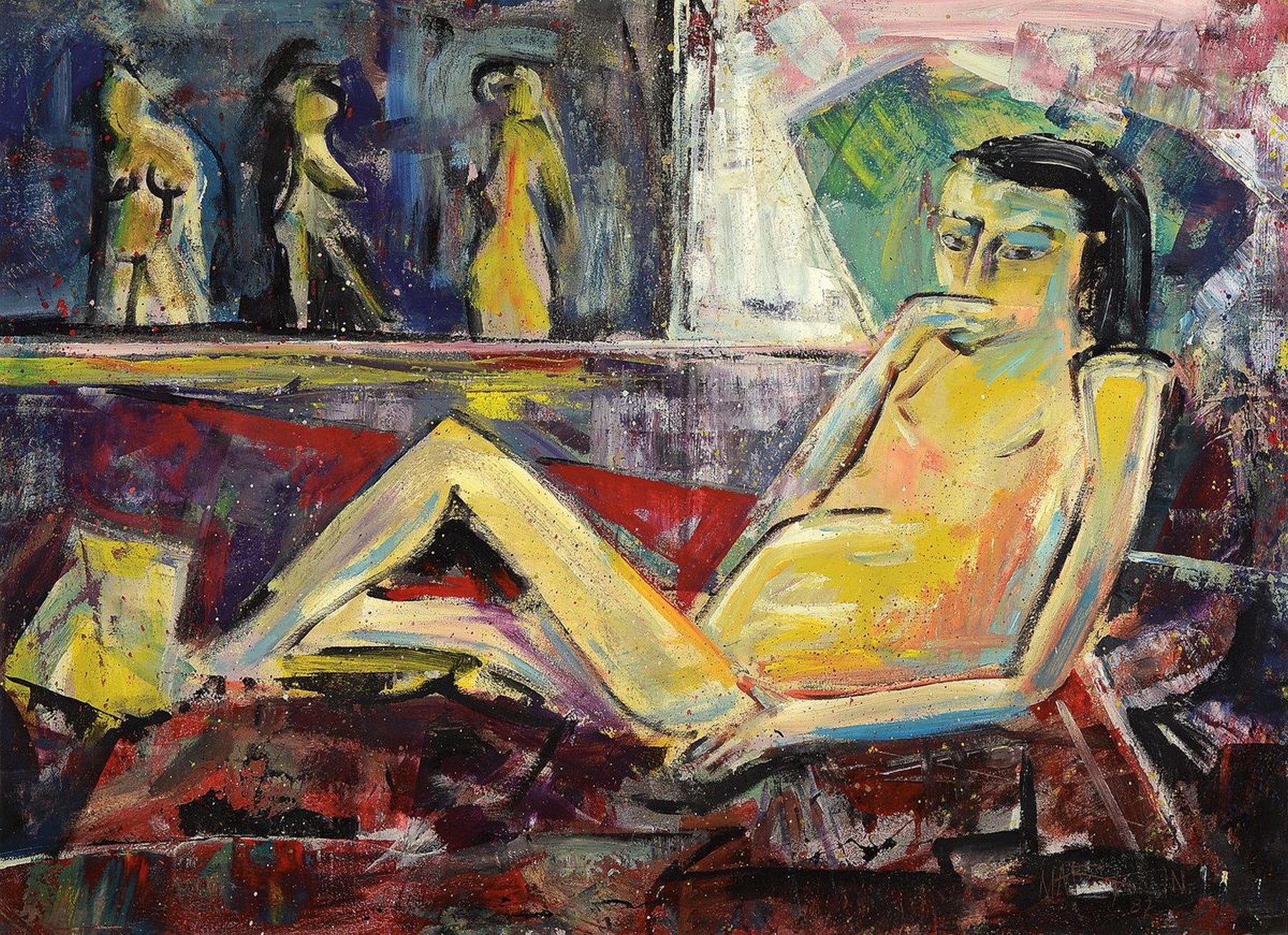 Unbekannter Künstler, liegender Akt, Öl/Hartfaser, rechts unten unleserlich sign., dat. 87, R., gesamt ca. 108x81 cm