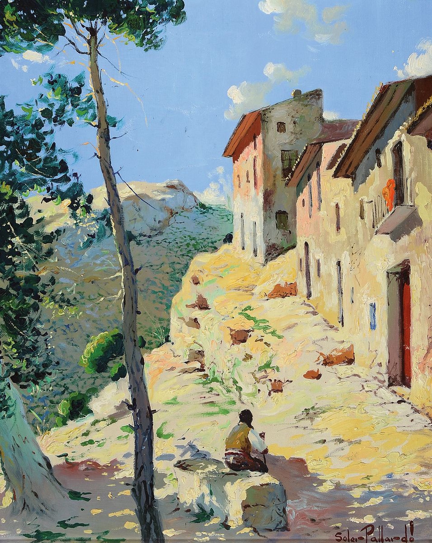 Sollei-Pallard, Künstler des 20.Jh., Stadtansicht in mediterraner Landschaft, impressionistische Beobachtung von Licht, Schatten und Farbe, re. u. ...