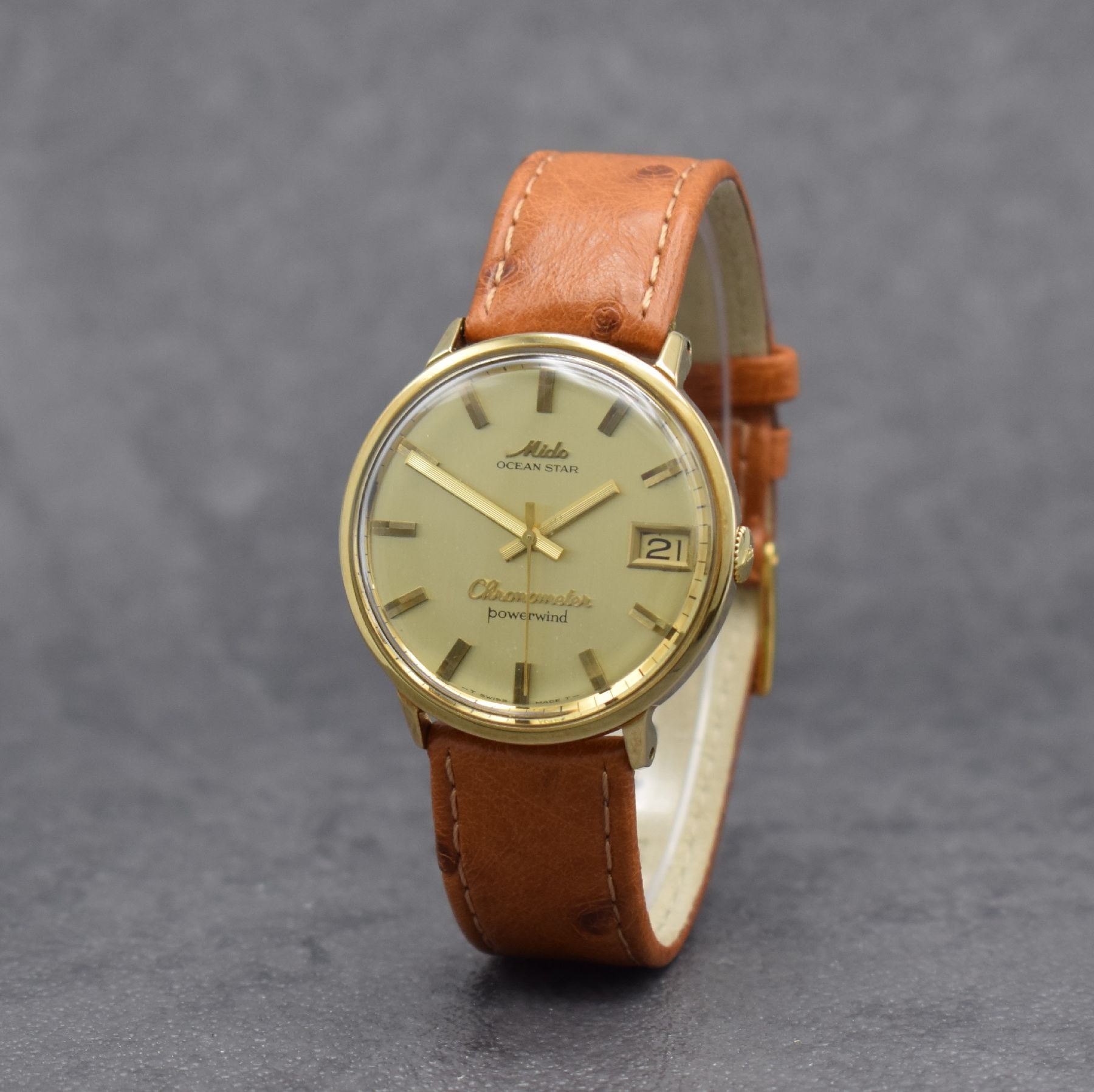 Detail b: MIDO seltener Armbandchronometer Ocean Star in GG 585/000, Schweiz um 1965, Automatik, Monocoque-Geh., gold. Zifferbl. m. aufges. Std.-Ind., gold. ...