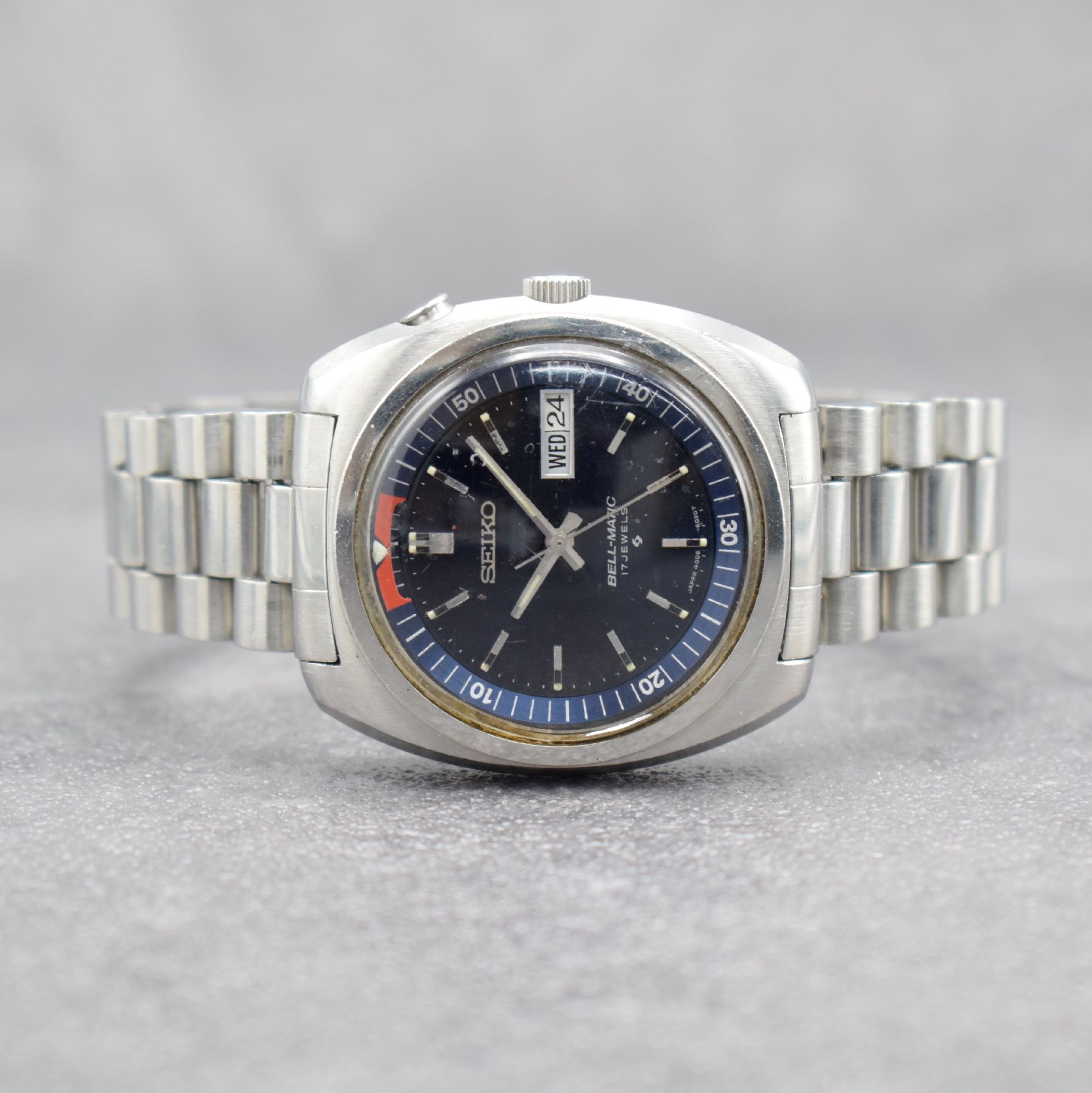 SEIKO Bell-Matic Herrenarmbanduhr m. Wecker, Japan um 1970, Automatik, Ref. 4006-6031, Edelstahlgeh., Boden geschr., orig. Gliederband m. Faltschl., ...