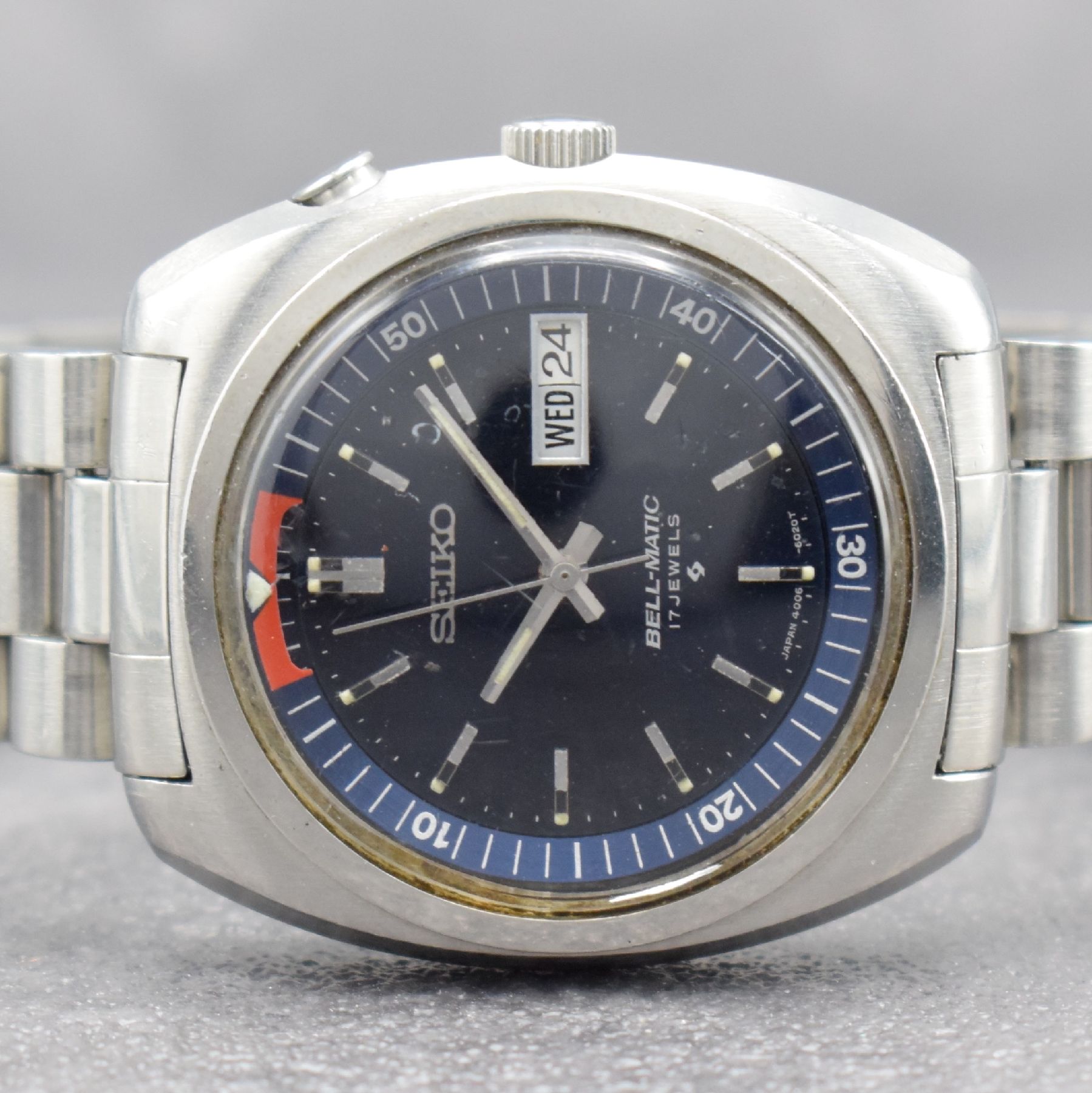 Detail a: SEIKO Bell-Matic Herrenarmbanduhr m. Wecker, Japan um 1970, Automatik, Ref. 4006-6031, Edelstahlgeh., Boden geschr., orig. Gliederband m. Faltschl., ...