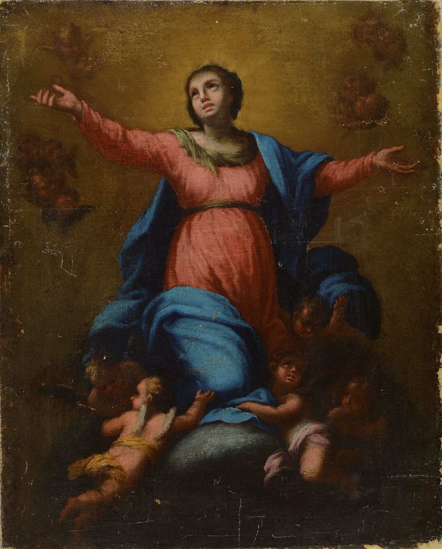 Kopie nach Guido Reni (1575-1642), um 1770, Maria Himmelfahrt, Öl/Lwd, doubliert, altersbed. krakeliert, l. besch. u. teilrestauriert, ca. 71x59 cm
