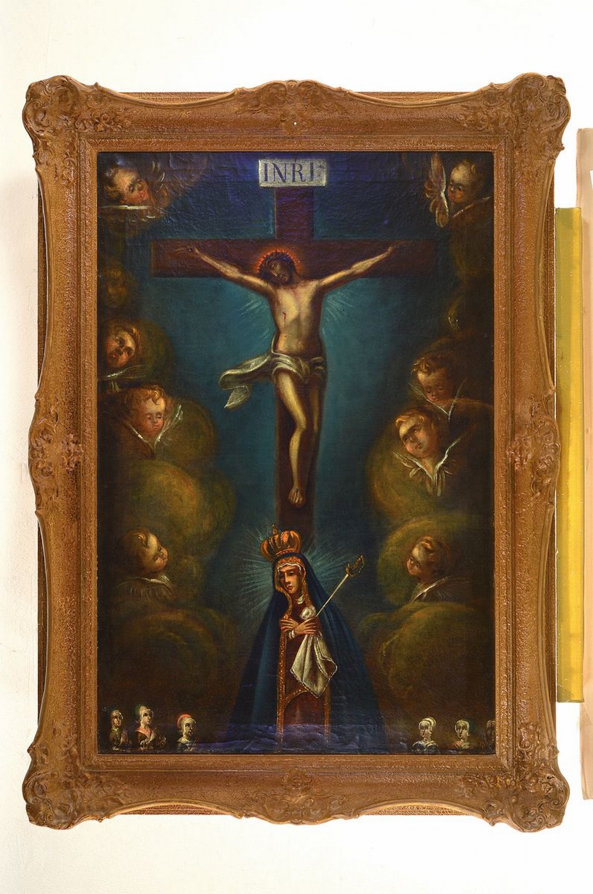 Detail k: Unbekannter Künstler, Spanien, um 1770-70, Christus am Kreuz, darunter Maria, umgeben von Putti, am unteren Bildrand betende Frauen, Öl/Lwd, rest., ...