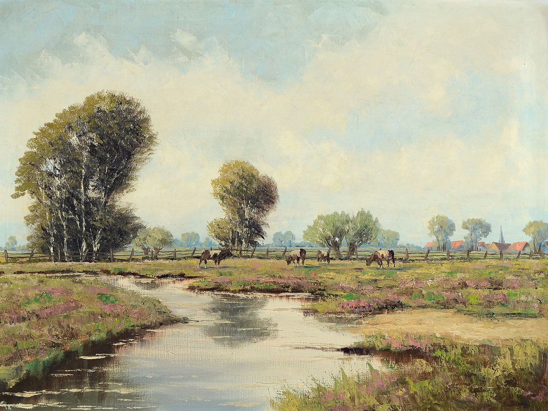 Unbekannter Künstler des frühen 20. Jh., Landschaft mit weidenden Pferden und Bach, Öl/Lwd, rechts unten unleserlich signiert, ca. 60x80cm, R. ca. ...