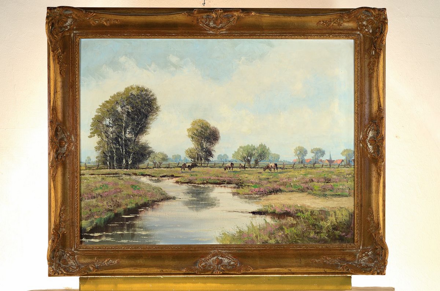 Detail k: Unbekannter Künstler des frühen 20. Jh., Landschaft mit weidenden Pferden und Bach, Öl/Lwd, rechts unten unleserlich signiert, ca. 60x80cm, R. ca. ...