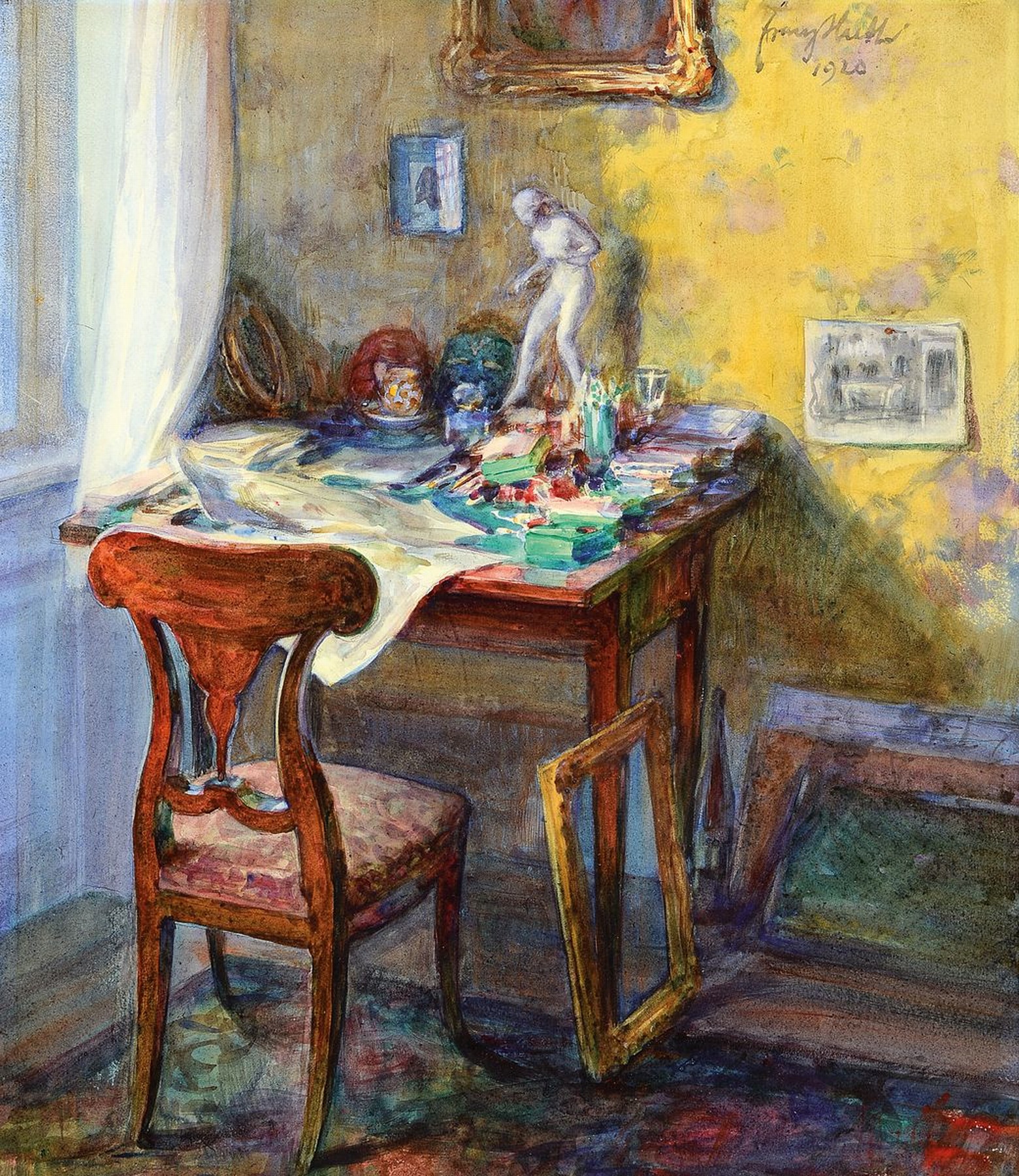 Franz Huth, 1876 Pößneck - 1970 Weimar, hier: Interieur im Maleratelier, detailreiche Darstellung der Utensilien, Tassen, Farben, Plastik etc., ...