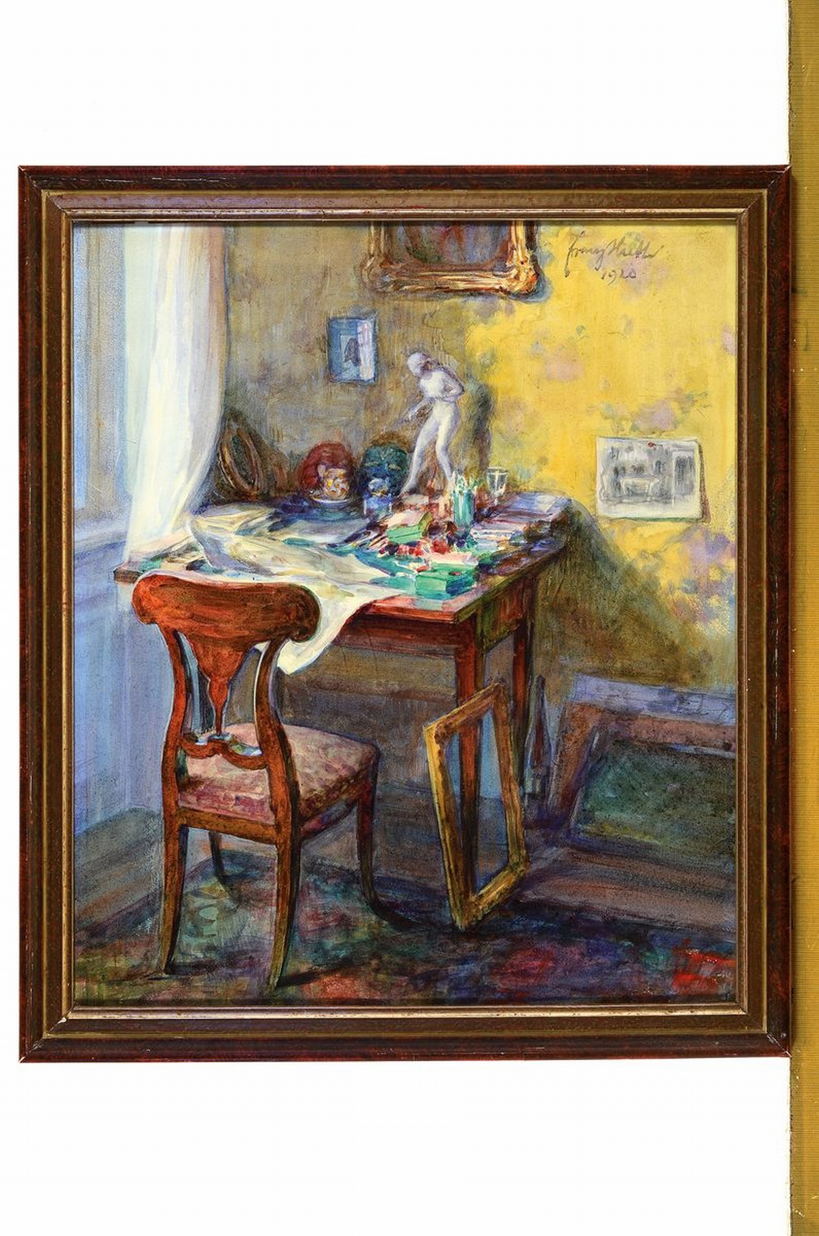 Detail k: Franz Huth, 1876 Pößneck - 1970 Weimar, hier: Interieur im Maleratelier, detailreiche Darstellung der Utensilien, Tassen, Farben, Plastik etc., ...