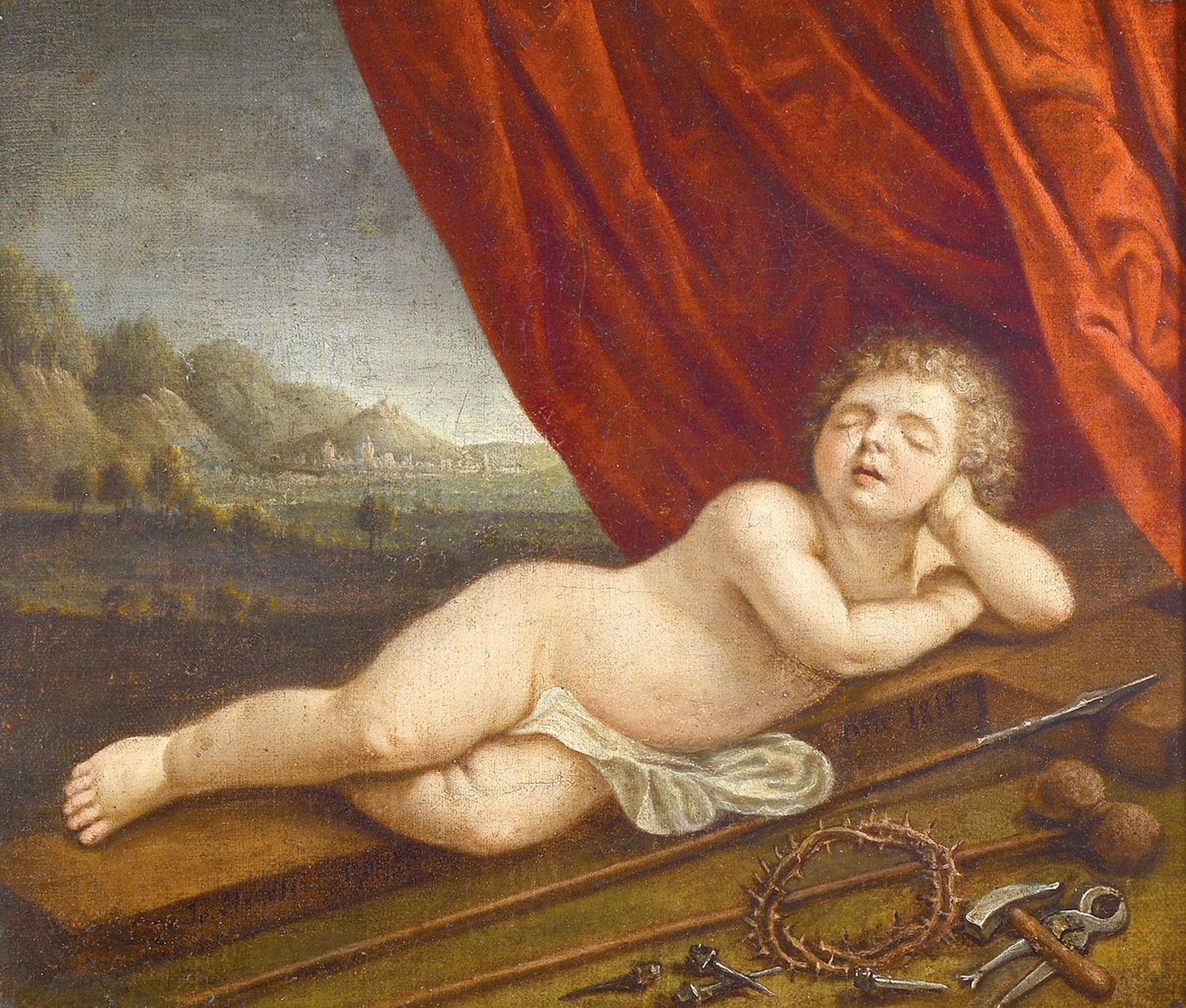 Unbekannter Künstler, dat. 1819, Öl/Lwd, Christus als Cupid vor idealisierter Landschaft, im Vordergrund Passionswerkzeuge als Verweis auf die ...