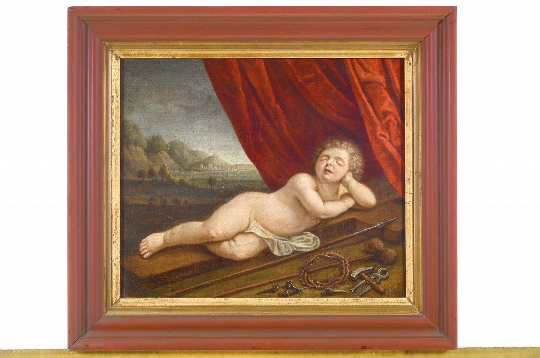 Detail k: Unbekannter Künstler, dat. 1819, Öl/Lwd, Christus als Cupid vor idealisierter Landschaft, im Vordergrund Passionswerkzeuge als Verweis auf die ...