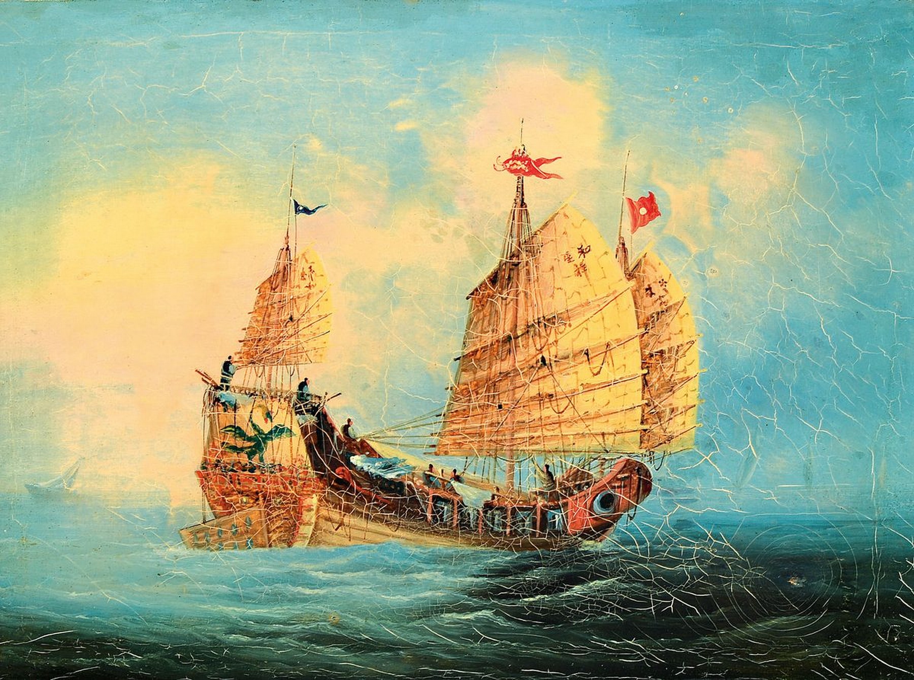 Chinesische Kapitänsbilder der kaiserlichen Marine, um 1860/80, Dschunke mit Drachenmotiv, Fahne u. Mannschaft, Öl/Lwd, unsigniert, ca. 22x29 cm, ...